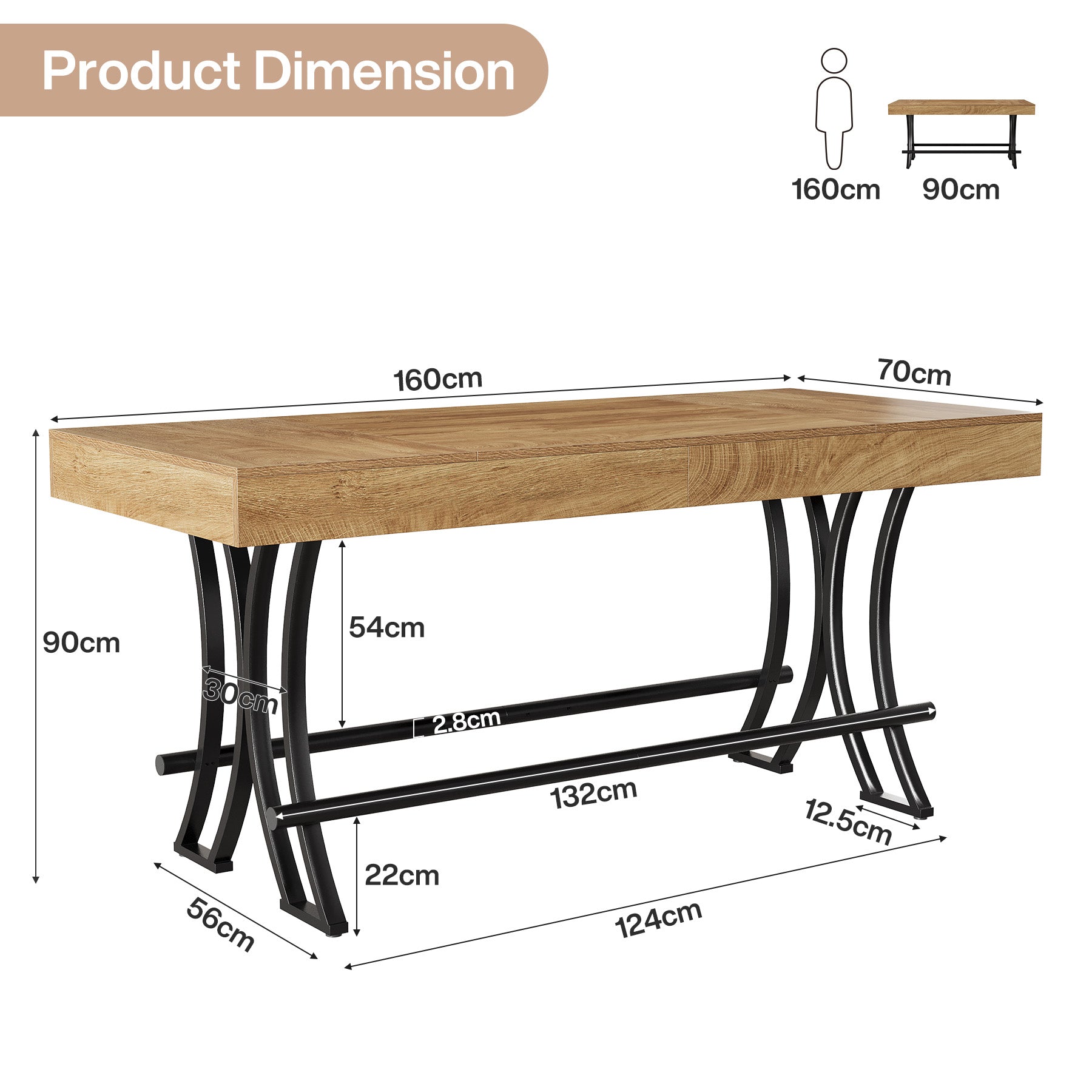 Tribesigns Mesa de bar y pub de 160 cm de altura con reposapiés de metal, Mesa de comedor rectangular