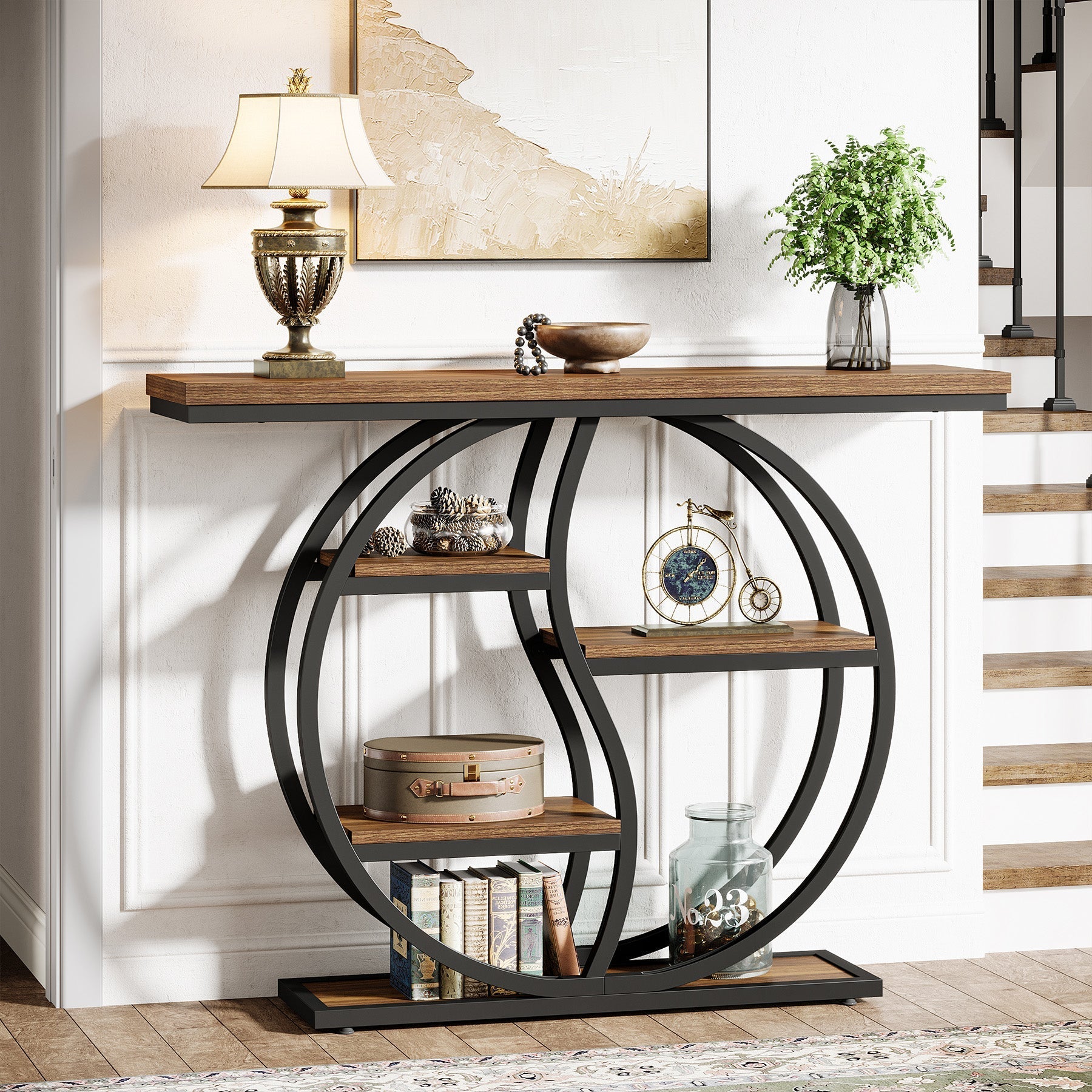 Tribesigns Consola estrecha de 5 niveles de 120 cm con acabado marrón rústico para entrada.