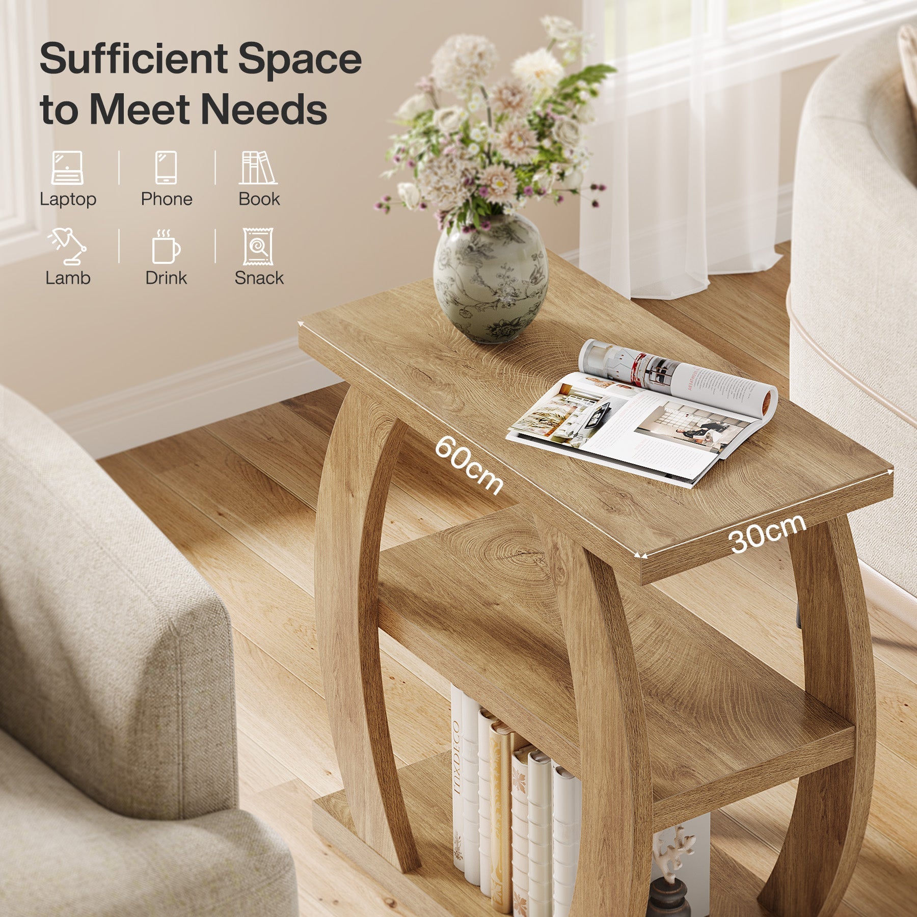 Tribesigns Mesa auxiliar estrecha de madera de 3 niveles, Mesita de noche que ahorra espacio