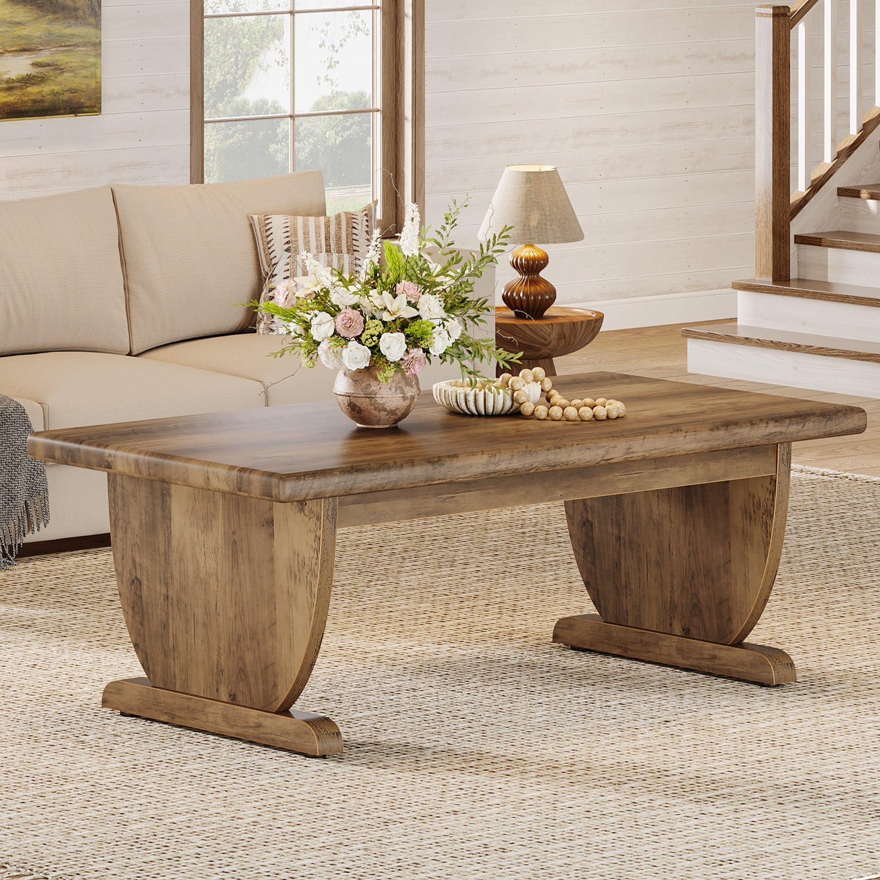 Tribesigns Mesa de centro rectangular de 120 cm, Estilo rústico de madera y con pata central resistente