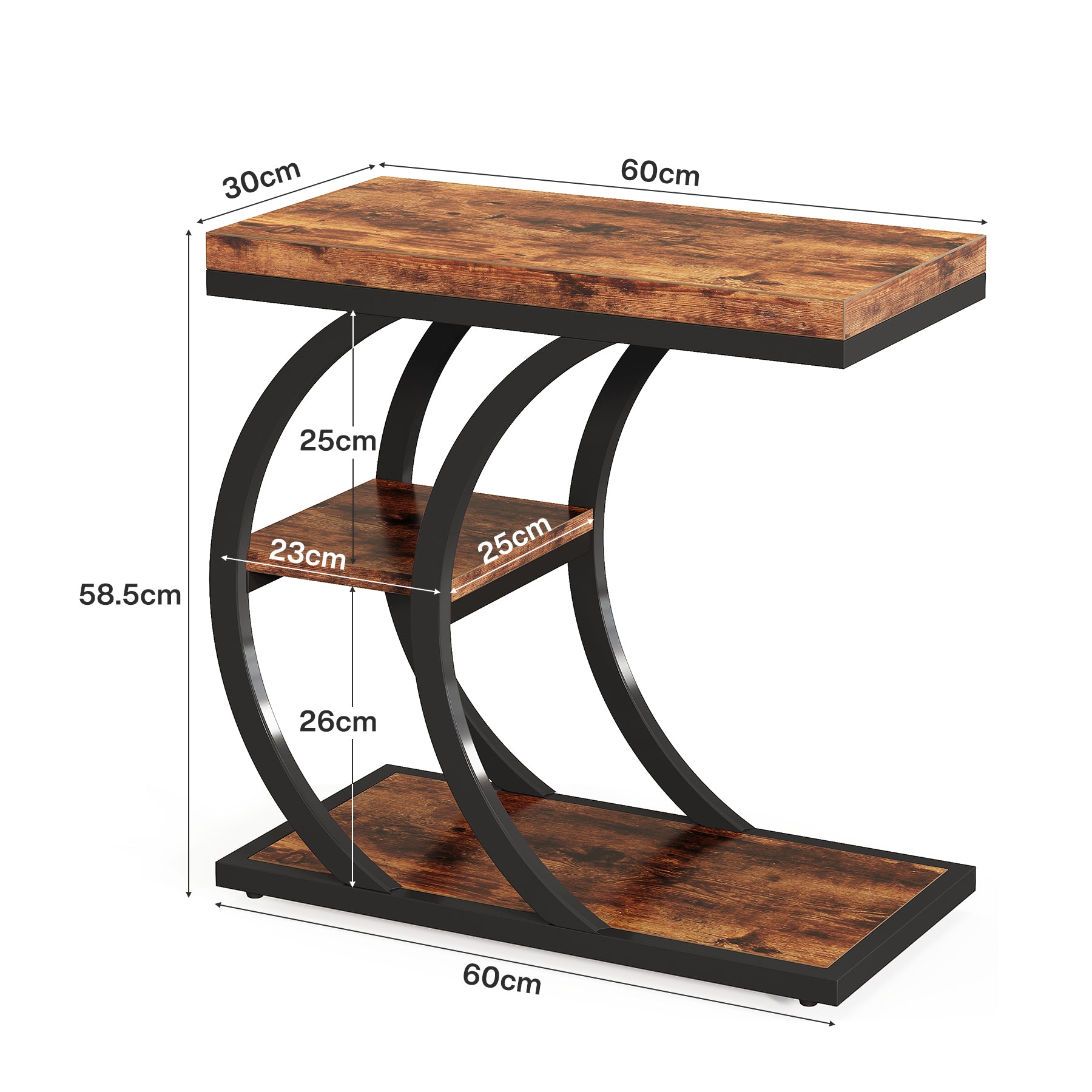 Tribesigns Mesa auxiliar de 3 niveles de 60 cm, Mesa auxiliar de diseño industrial en forma de C