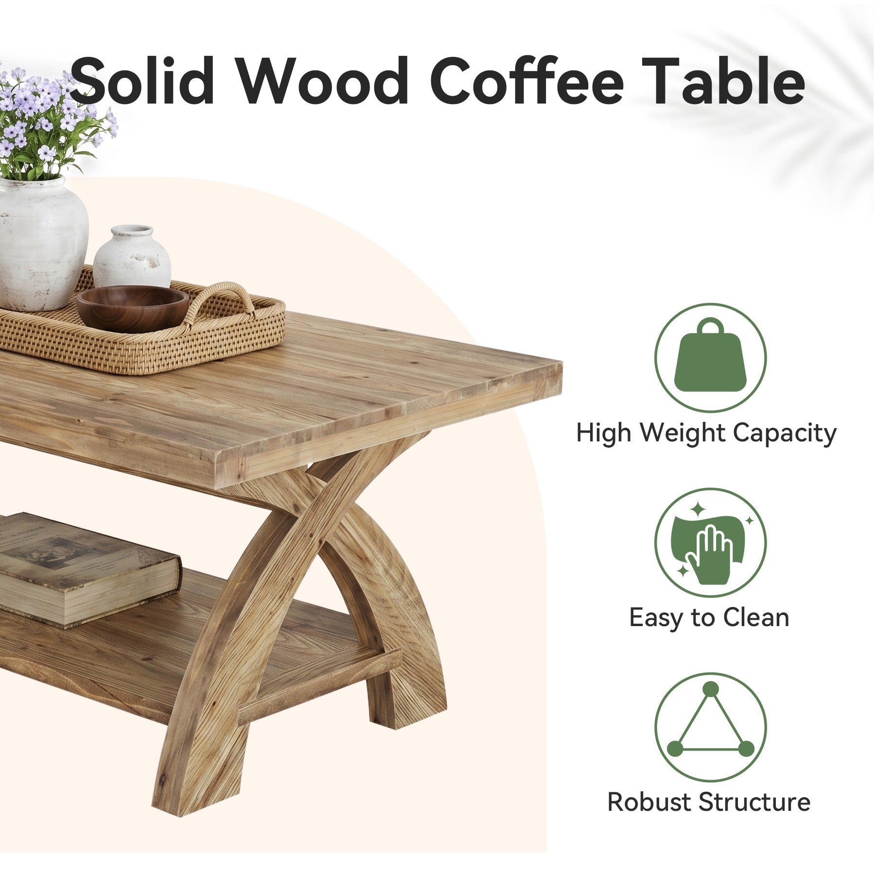 Mesa de centro de madera maciza con estante, Mesa de salón rectangular con estructura en forma de X