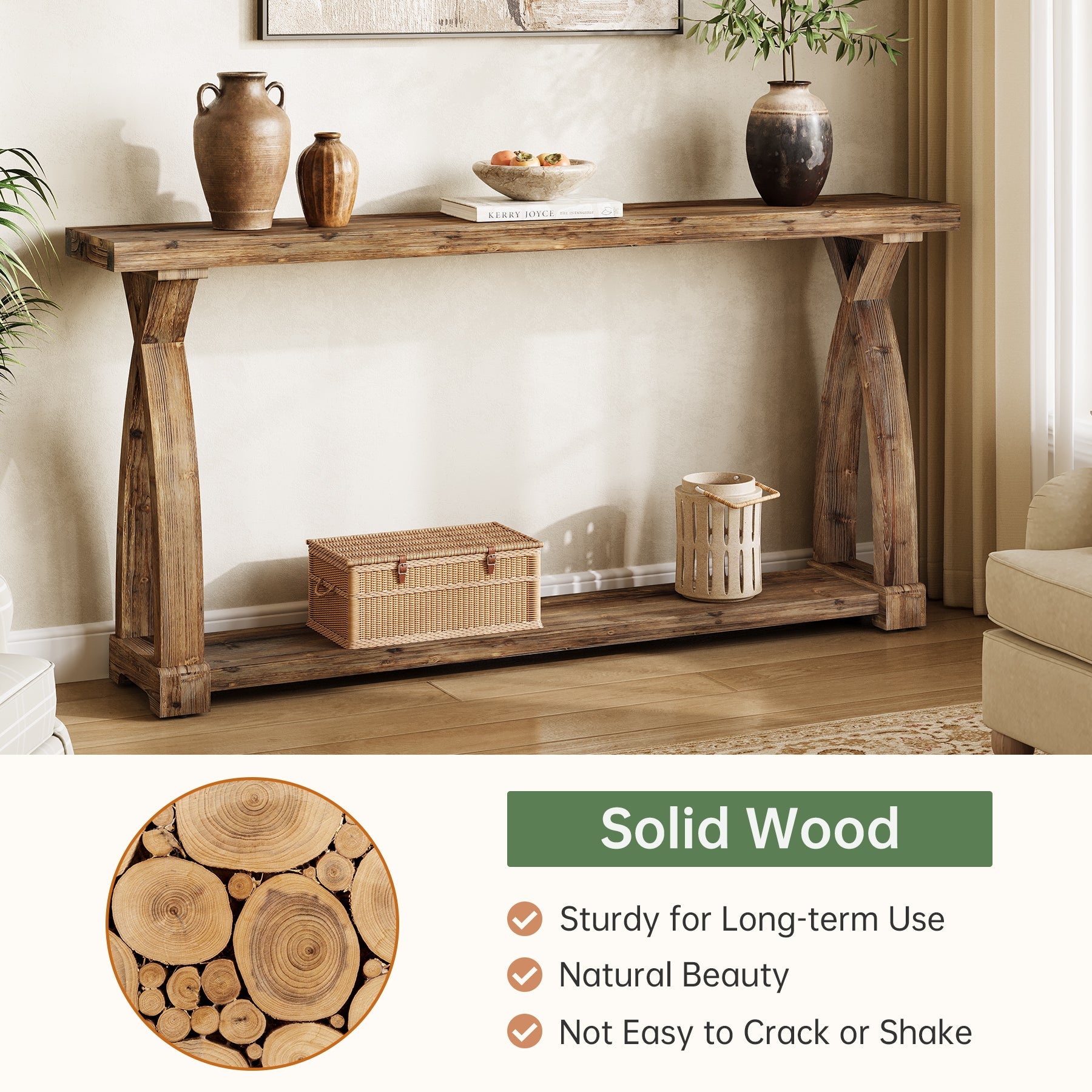 Tribesigns Consola estrecha de 160 cm de madera maciza, Mesa de sofá de estilo rústico