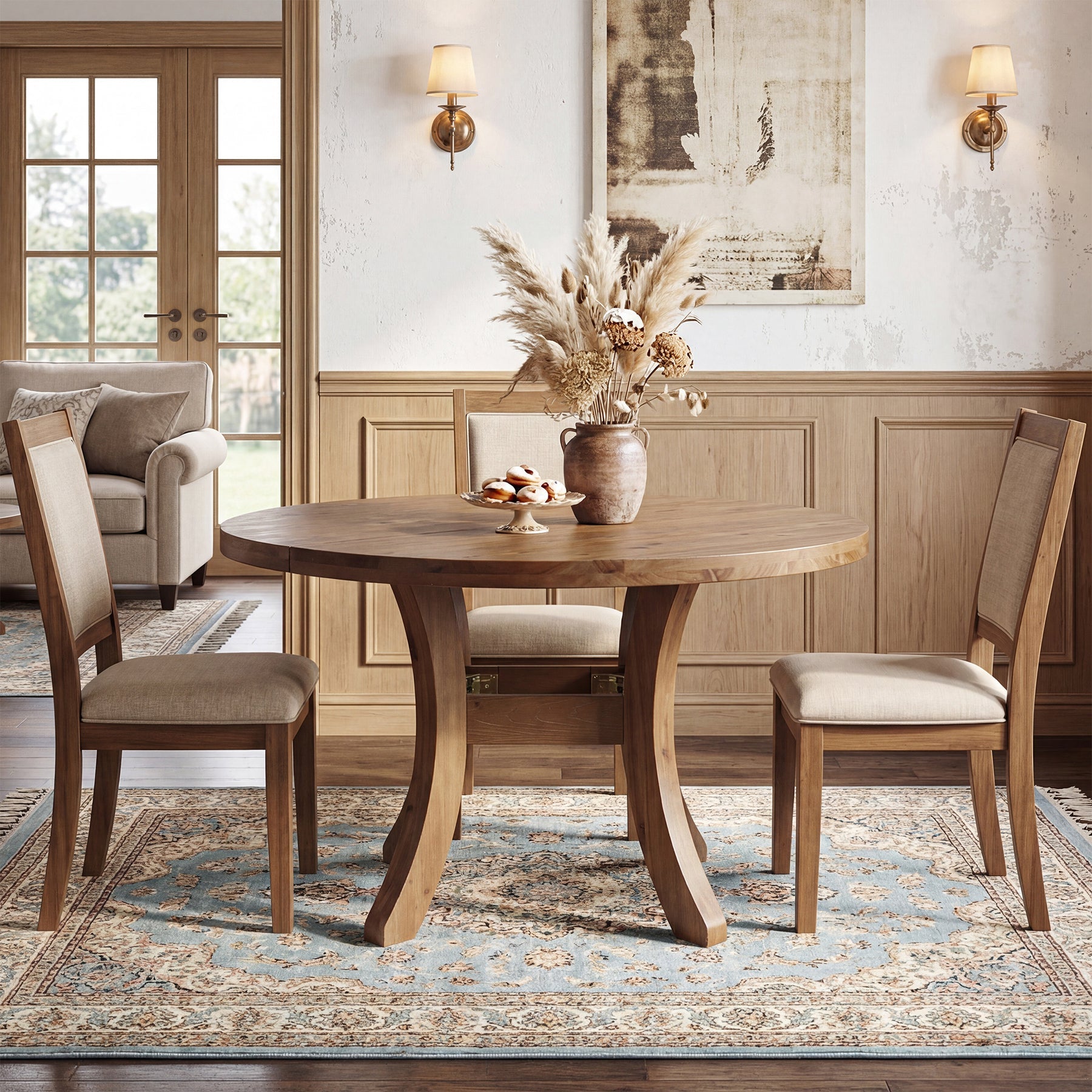 Tribesigns Mesa de comedor redonda de madera maciza de 120 cm, Estilo rústico con patas curvas
