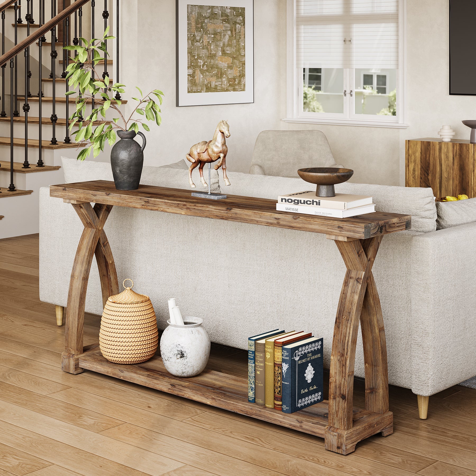 Tribesigns Consola estrecha de 160 cm de madera maciza, Mesa de sofá de estilo rústico