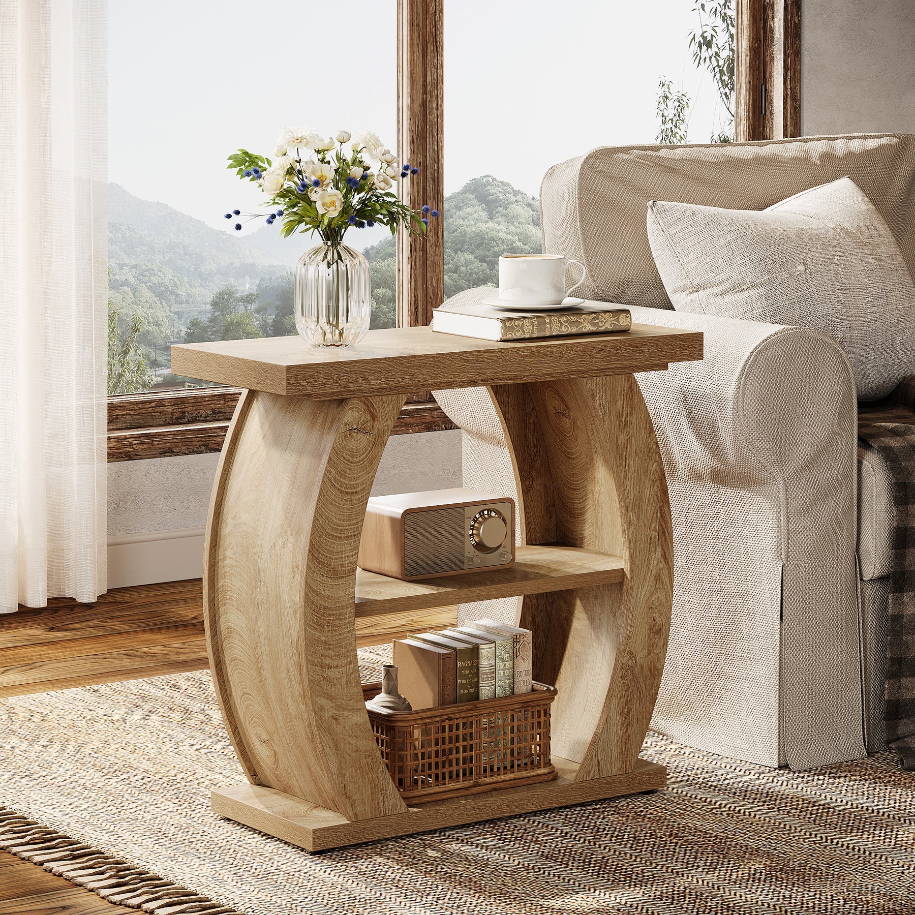 Tribesigns Mesita auxiliar estrecha de 65 cm con 3 niveles de almacenamiento, Mesita de noche rústica con estructura curva