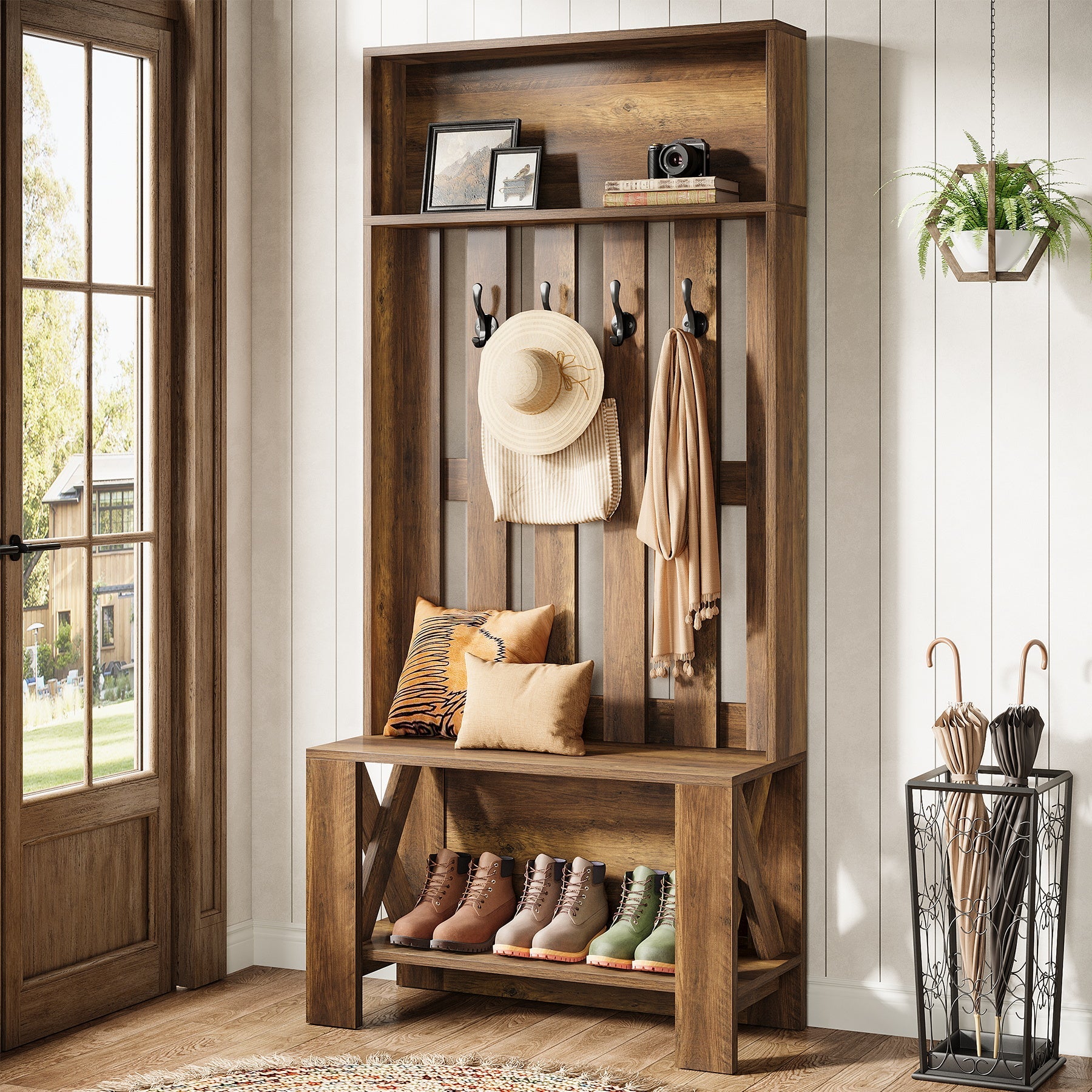 Mueble de recibidor de 180 cm con banco y espacio para guardar zapatos, Perchero estrecho con ganchos para recibidor y entrada