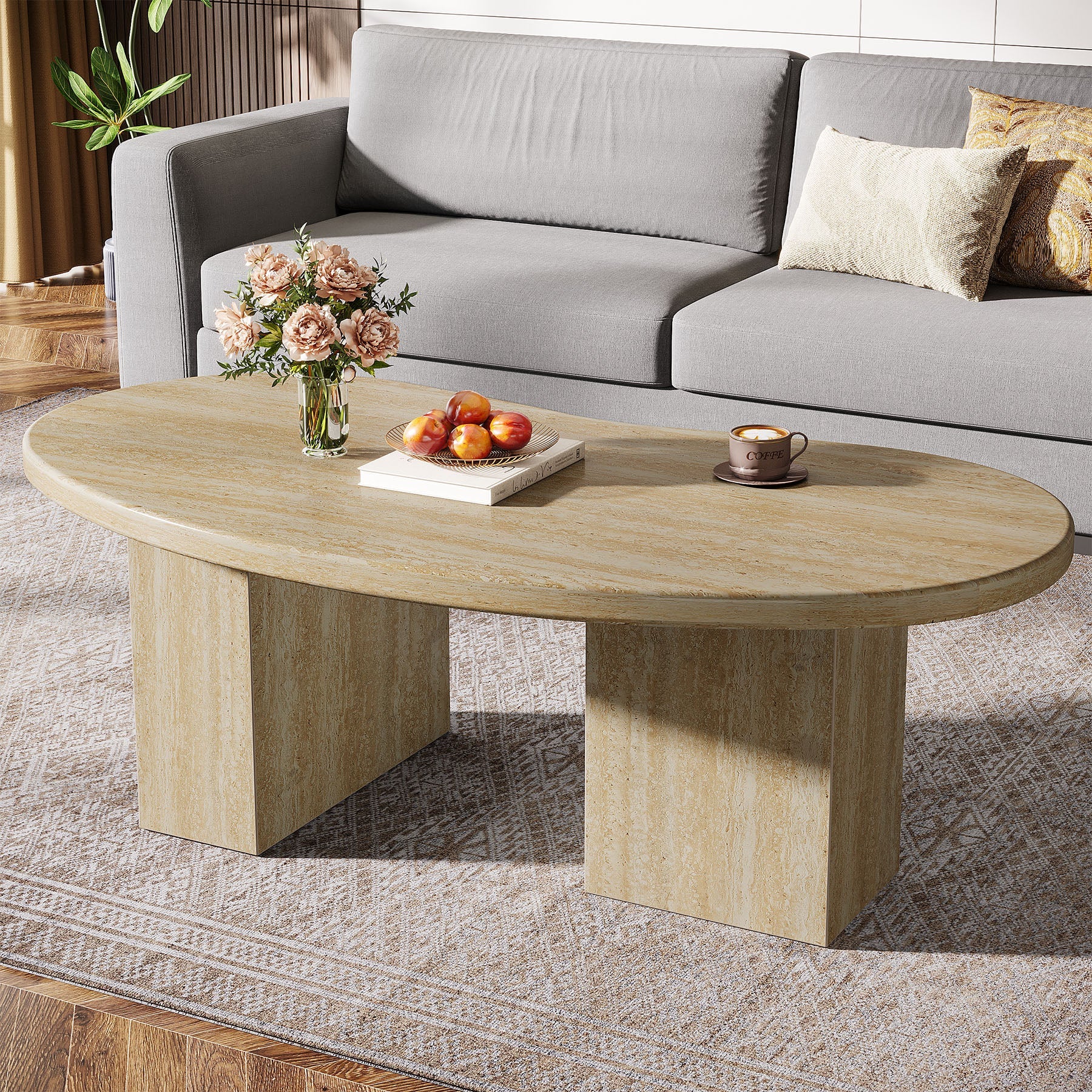 Tribesigns Mesa de centro de 115 cm, Mesa de cóctel ovalada con pedestal asimétrico