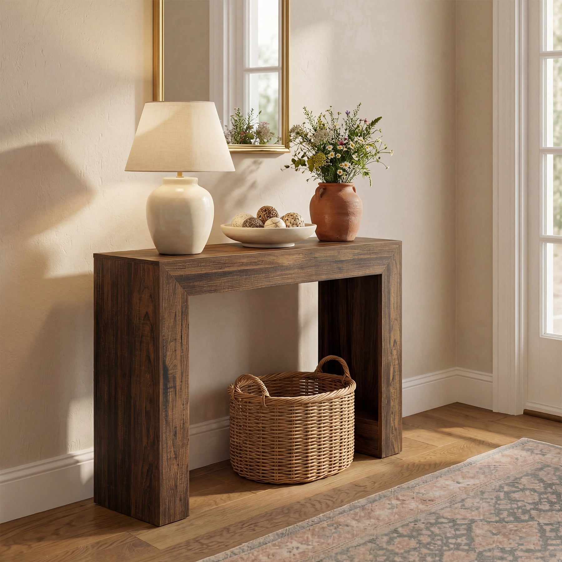 Tribesigns Consola estrecha de 105 cm, Mesa de recibidor con aspecto de madera Mesa auxiliar estable con doble base