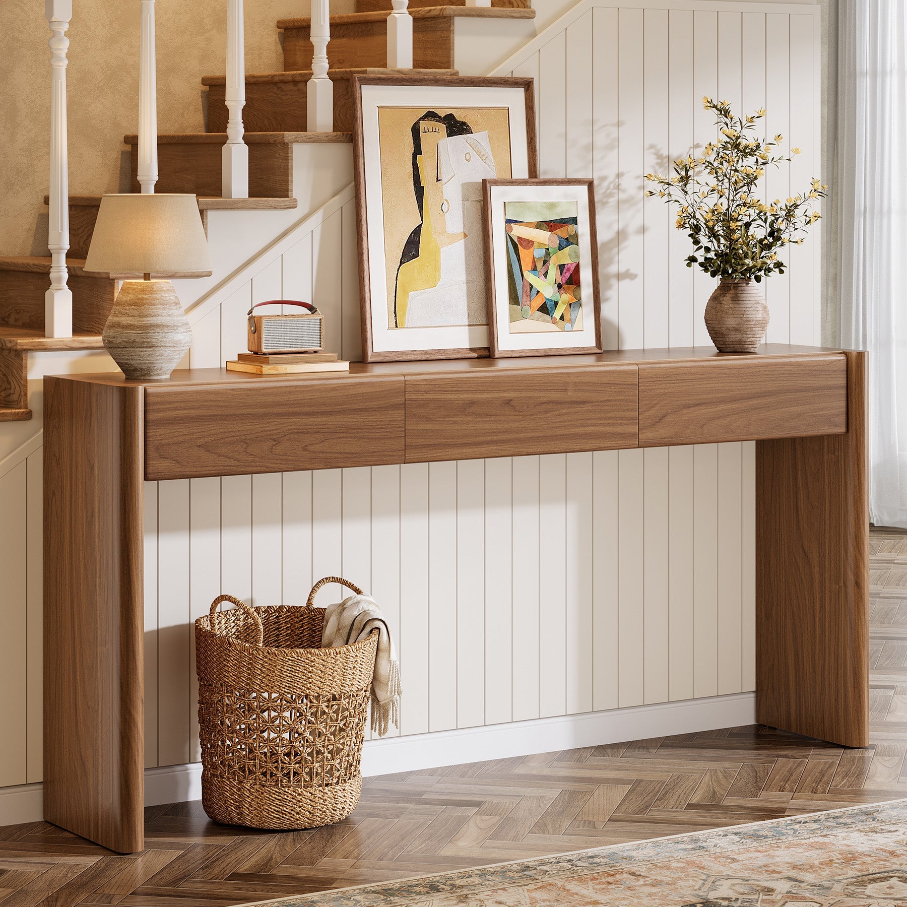 Tribesigns Consola de 180 cm con 3 cajones, Mesa estrecha para recibidor en marrón vintage Mesa auxiliar de madera con estante