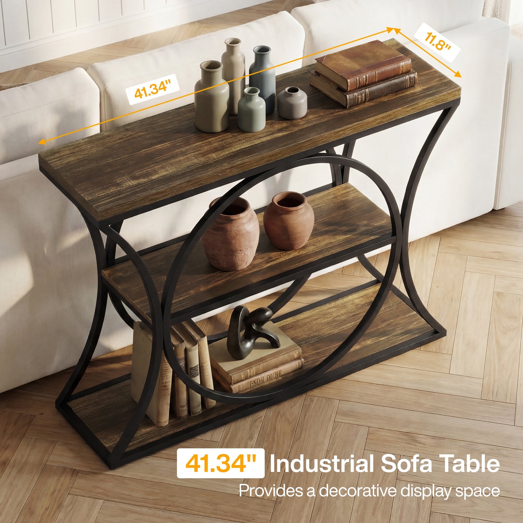 Tribesigns Mesa consola industrial de 105 cm, Mesa auxiliar de 3 niveles con estructura arqueada