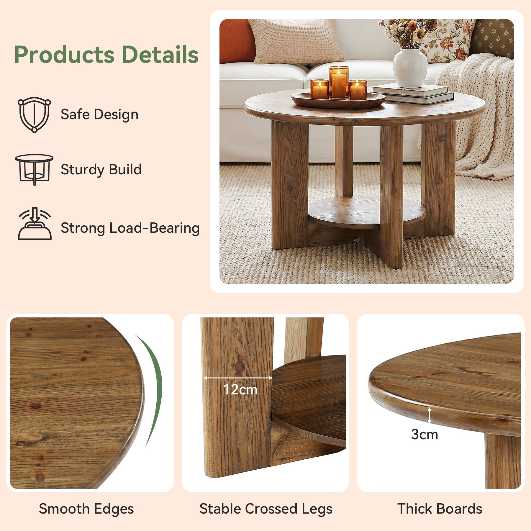 Tribesigns Mesa de centro redonda de madera maciza, Mesa de salón de dos niveles con almacenamiento