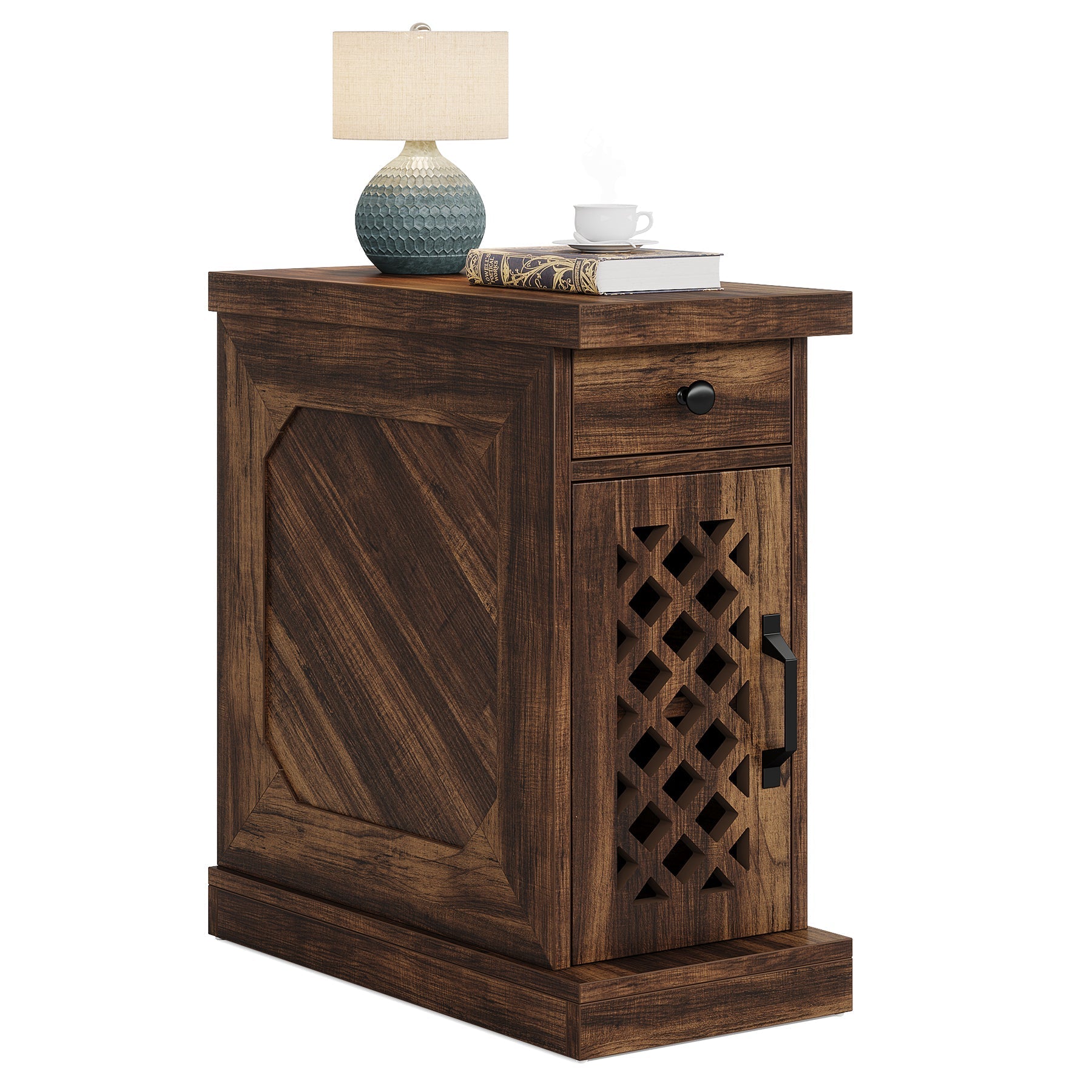 Tribesigns Mesa auxiliar estrecha de 65 cm con cajón y armario