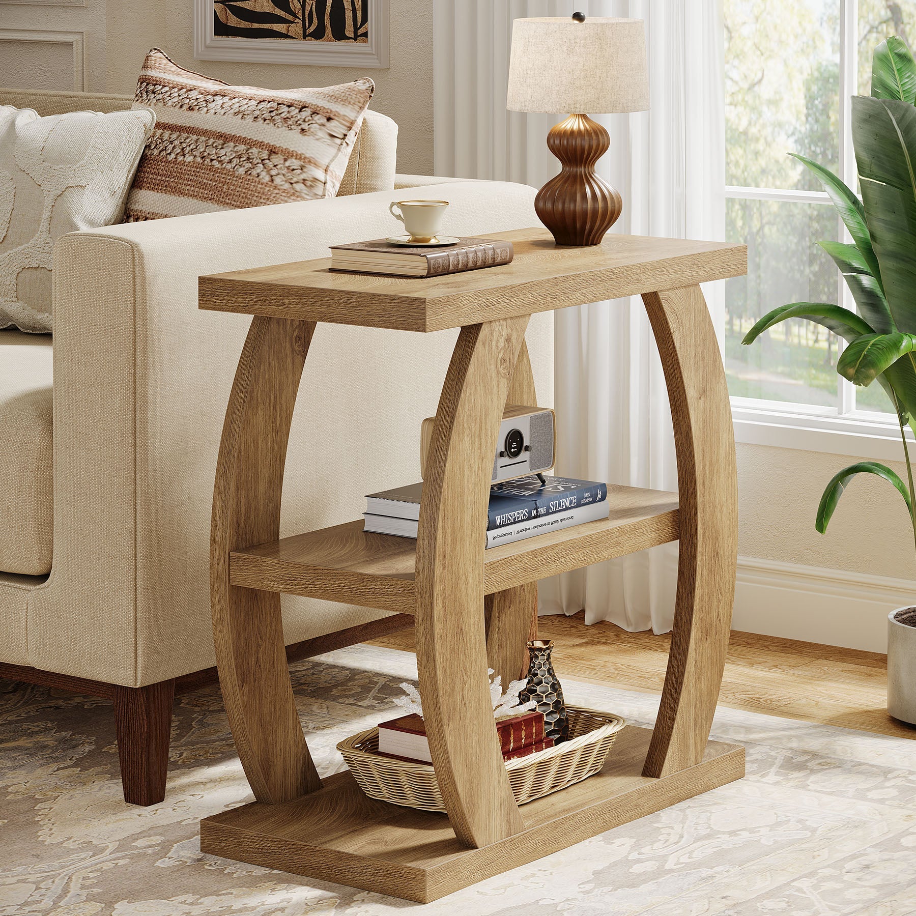 Tribesigns Mesa auxiliar estrecha de madera de 3 niveles, Mesita de noche que ahorra espacio