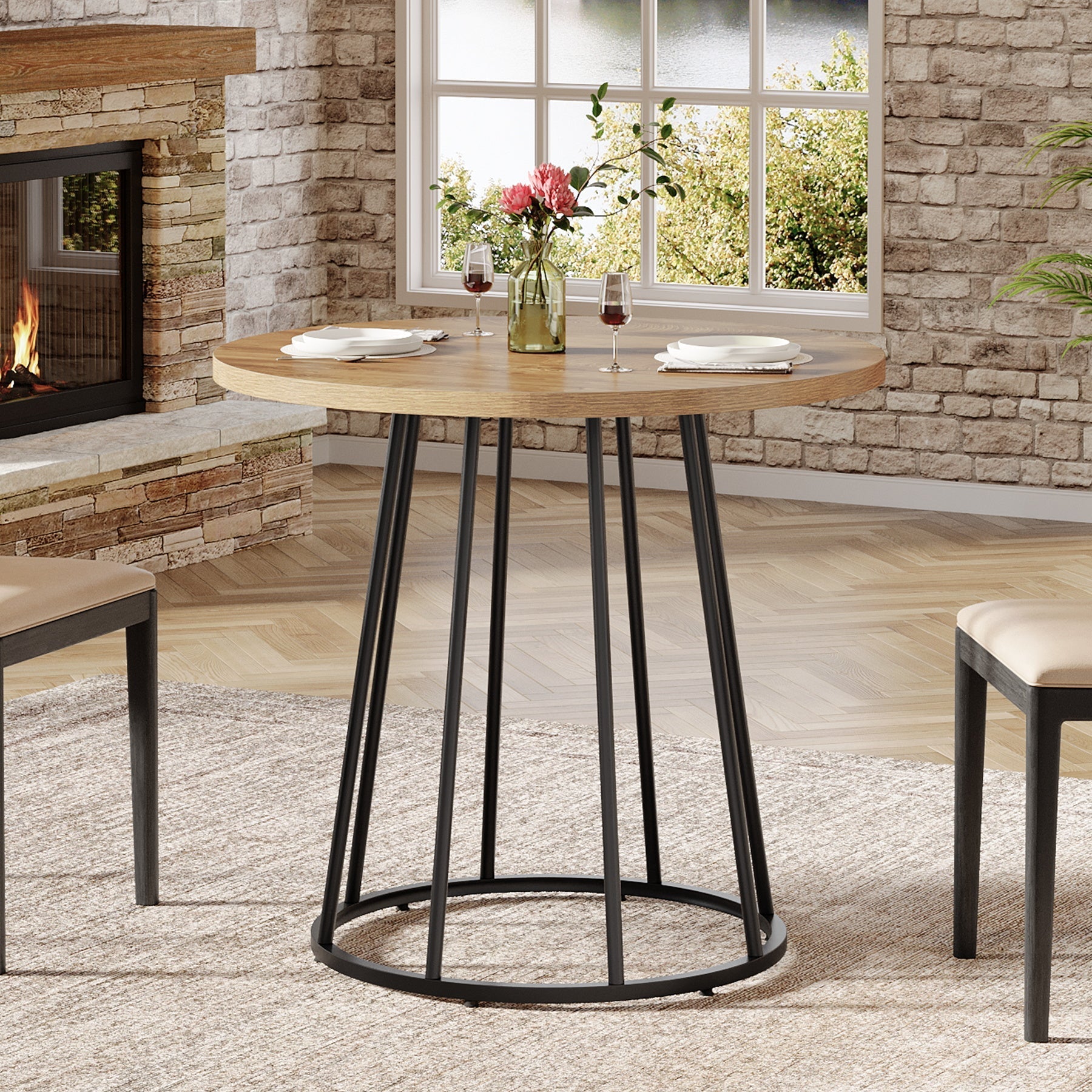 Tribesigns Mesa de comedor redonda de 80 cm, Estilo industrial para 2-4 personas con base de acero