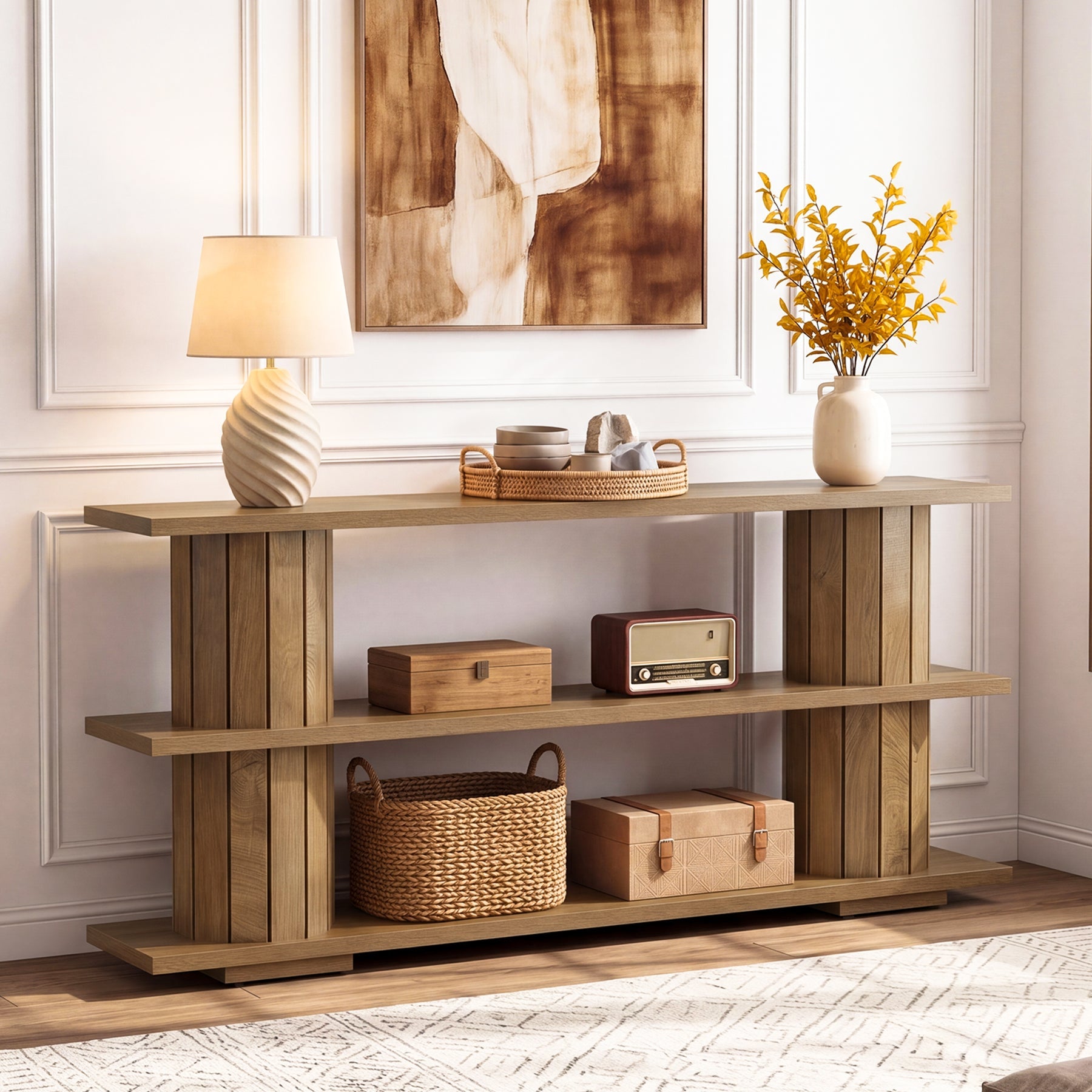 Tribesigns Mesa consola de 160 cm con estantes de almacenamiento de 3 niveles, Mesa larga para recibidor, ideal para sala de estar y entrada