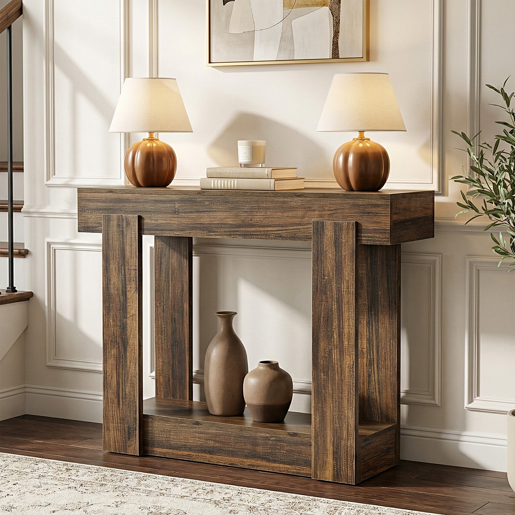 Mesa consola de 105 cm con estante, Mesa estrecha de estilo rústico para recibidor y salón