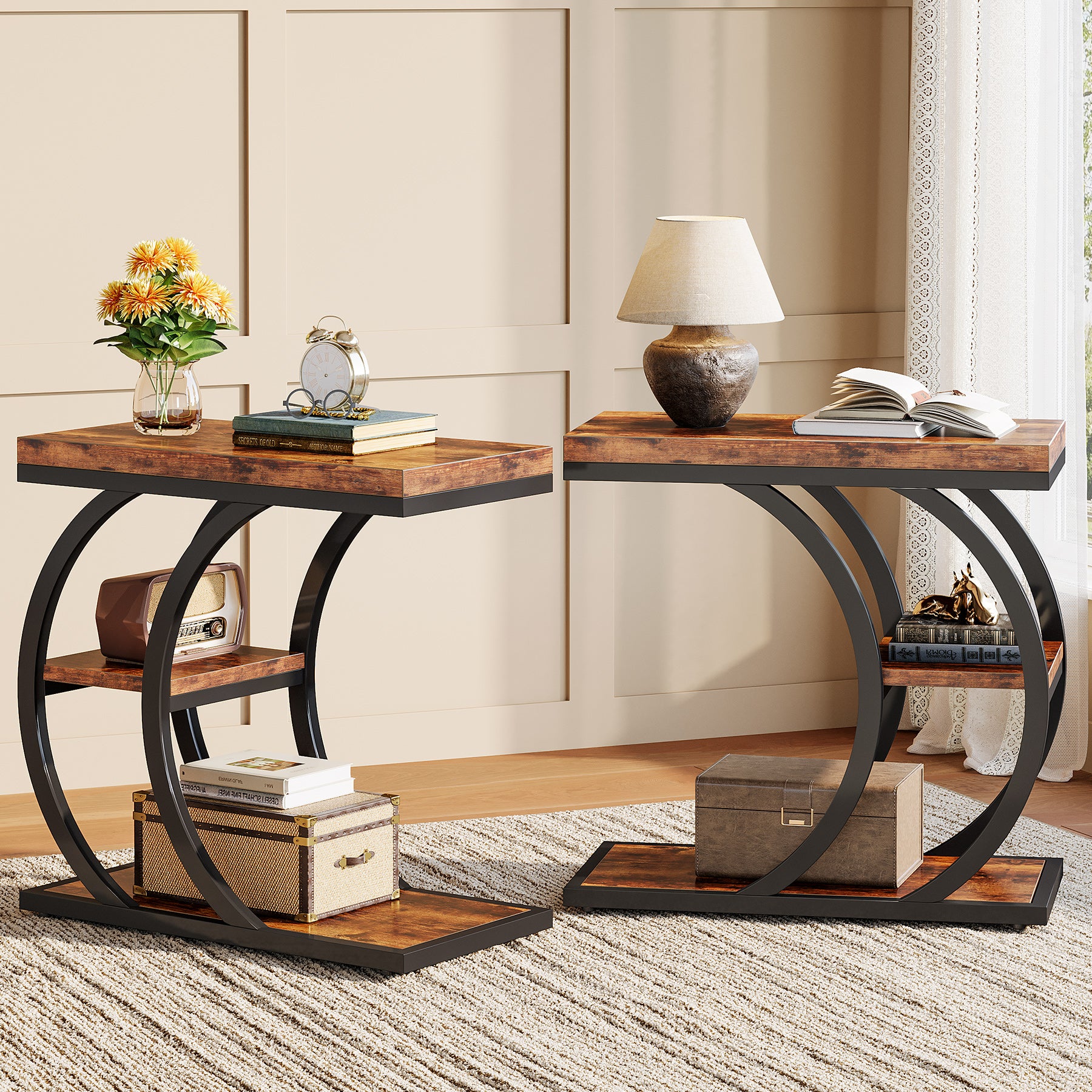 Tribesigns Mesa auxiliar de 3 niveles de 60 cm, Mesa auxiliar de diseño industrial en forma de C