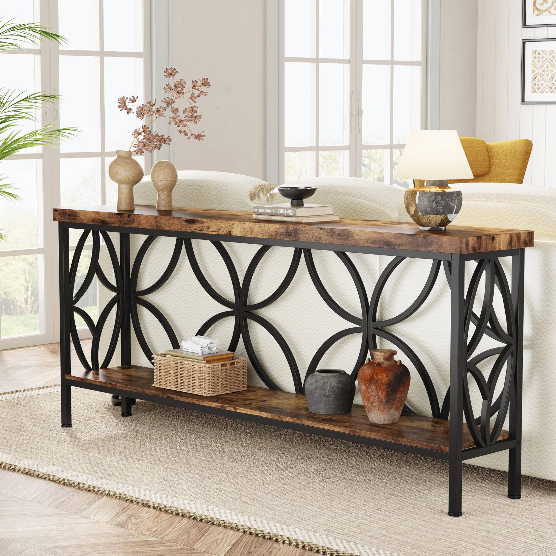 Tribesigns Mesa consola de 2 niveles 160 cm, Mesa de sofá industrial detrás del sofá