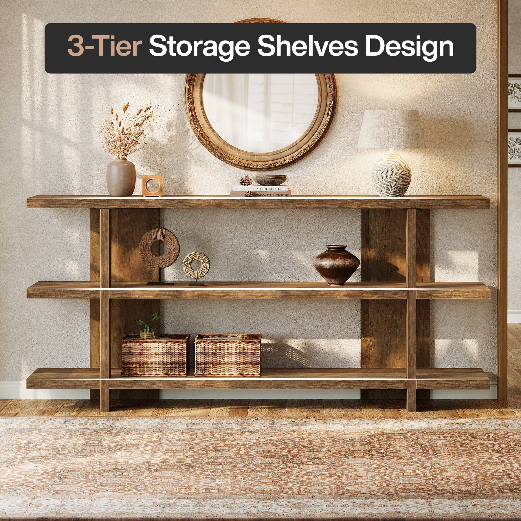 Tribesigns Consola de 160 cm con espacio de almacenaje, Mesa de recibidor estrecha de madera con 3 niveles en estilo rústico