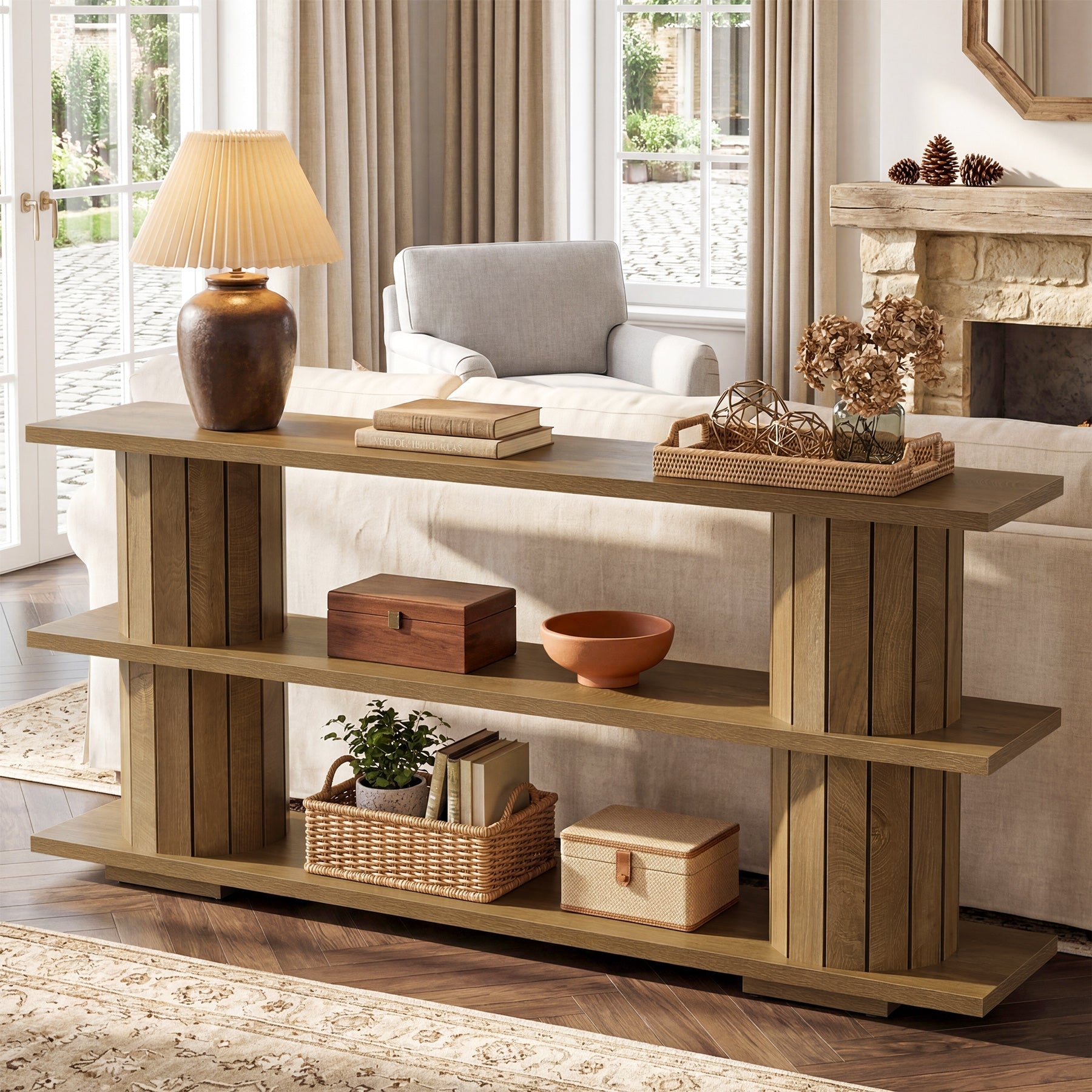 Tribesigns Mesa consola de 160 cm con estantes de almacenamiento de 3 niveles, Mesa larga para recibidor, ideal para sala de estar y entrada