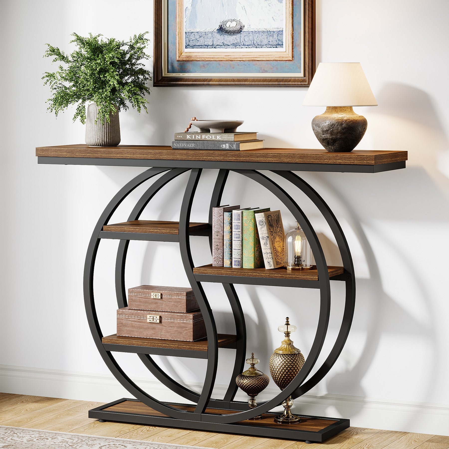 Tribesigns Consola estrecha de 5 niveles de 120 cm con acabado marrón rústico para entrada.