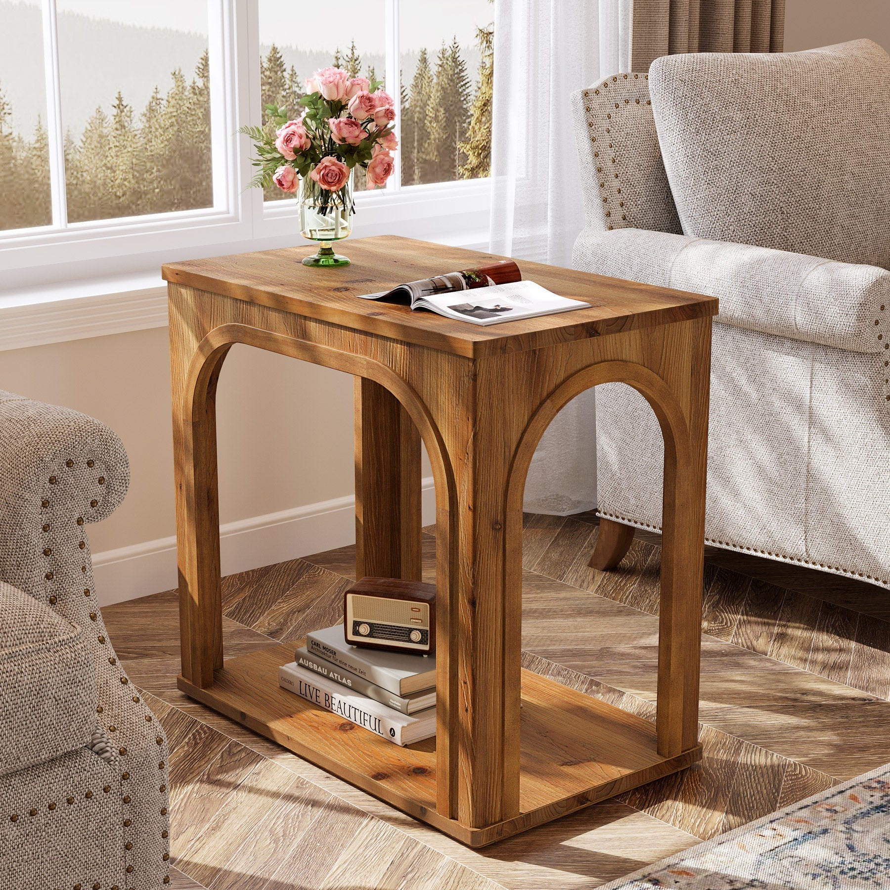 Mesita auxiliar rústica de madera maciza de 64 cm con 2 estantes