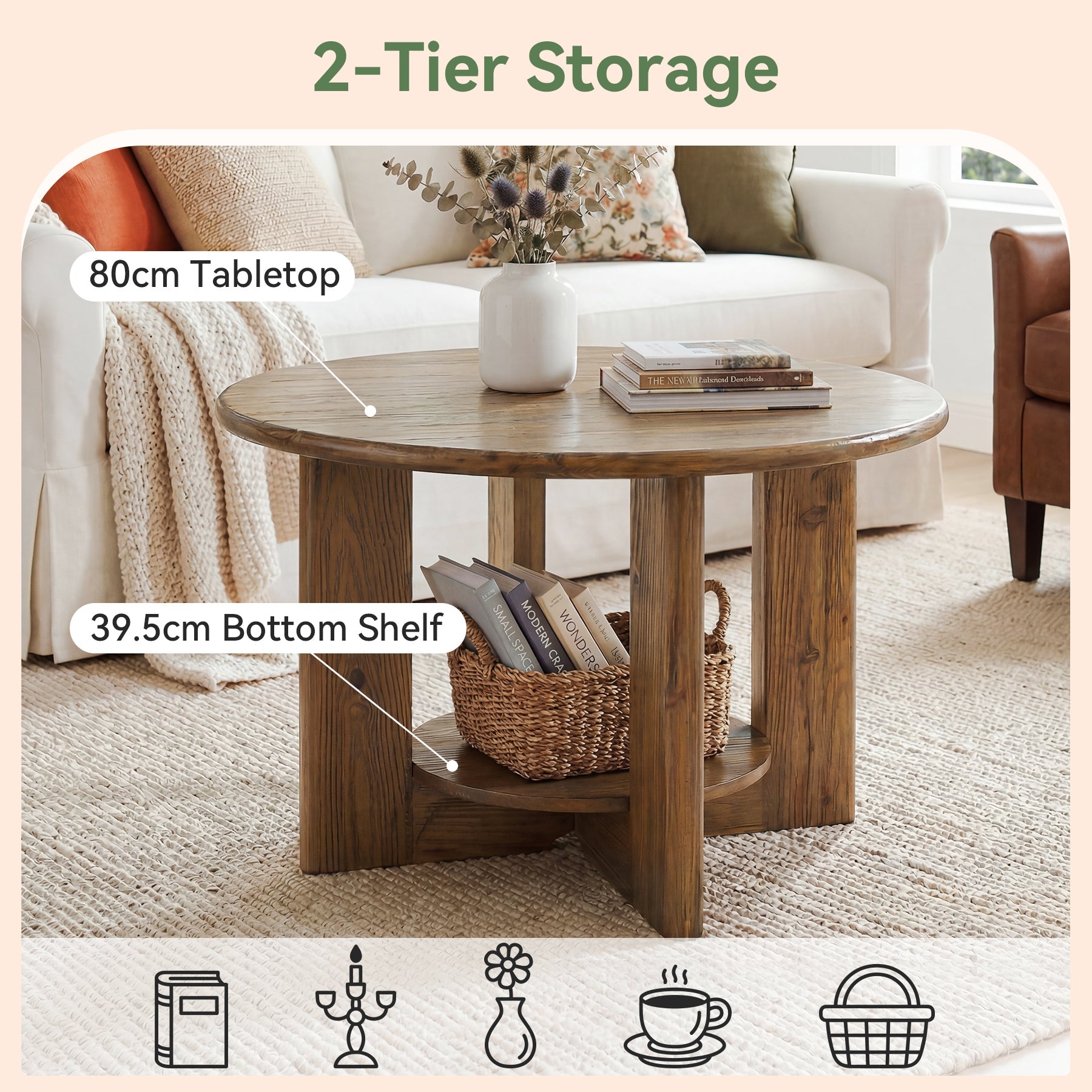 Tribesigns Mesa de centro redonda de madera maciza, Mesa de salón de dos niveles con almacenamiento