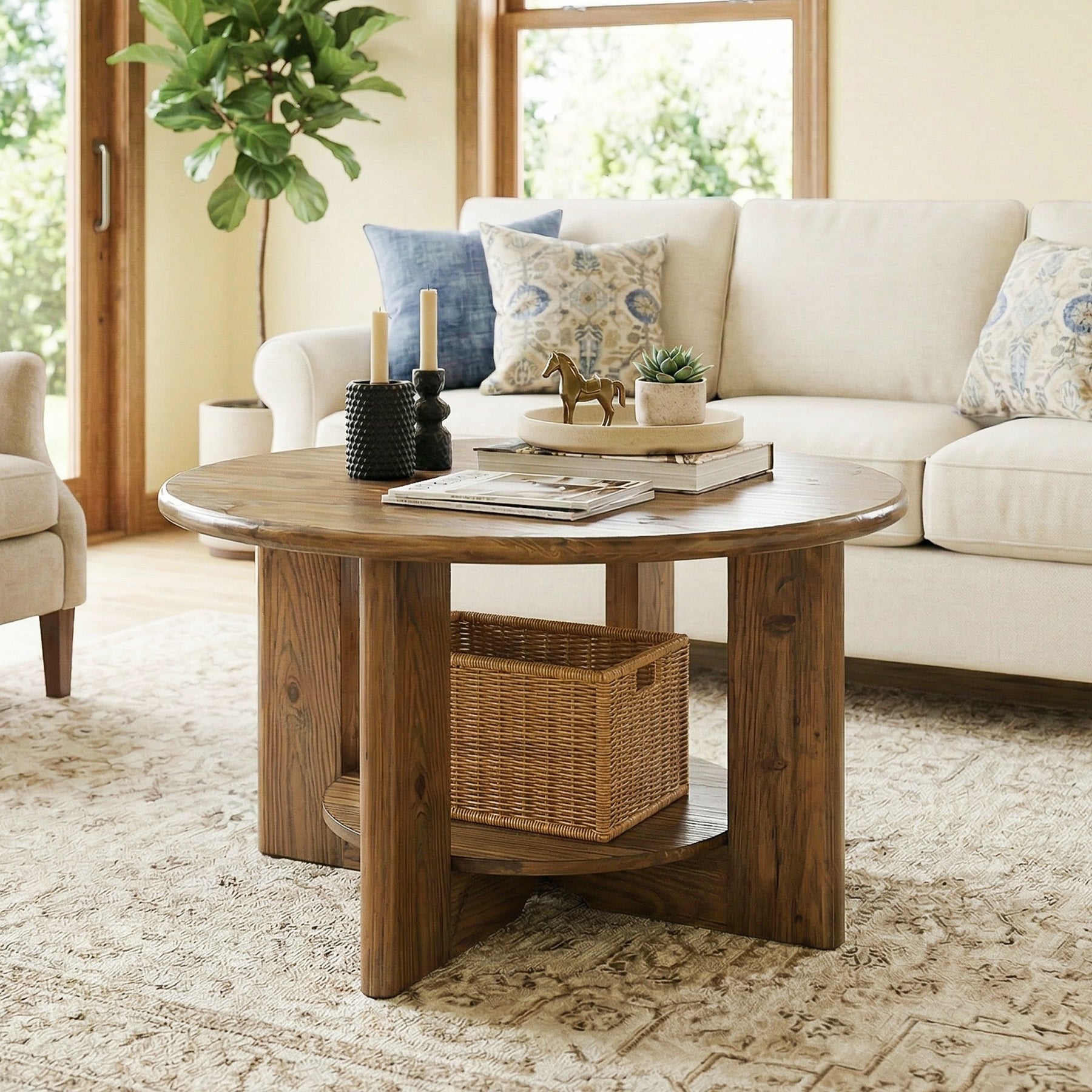 Tribesigns Mesa de centro redonda de madera maciza, Mesa de salón de dos niveles con almacenamiento