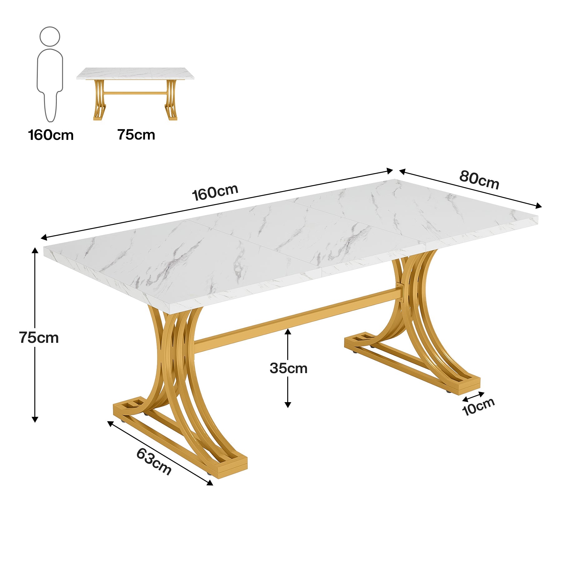 Tribesigns Mesa de comedor moderna de 160 cm con tablero de mármol artificial y patas de metal.