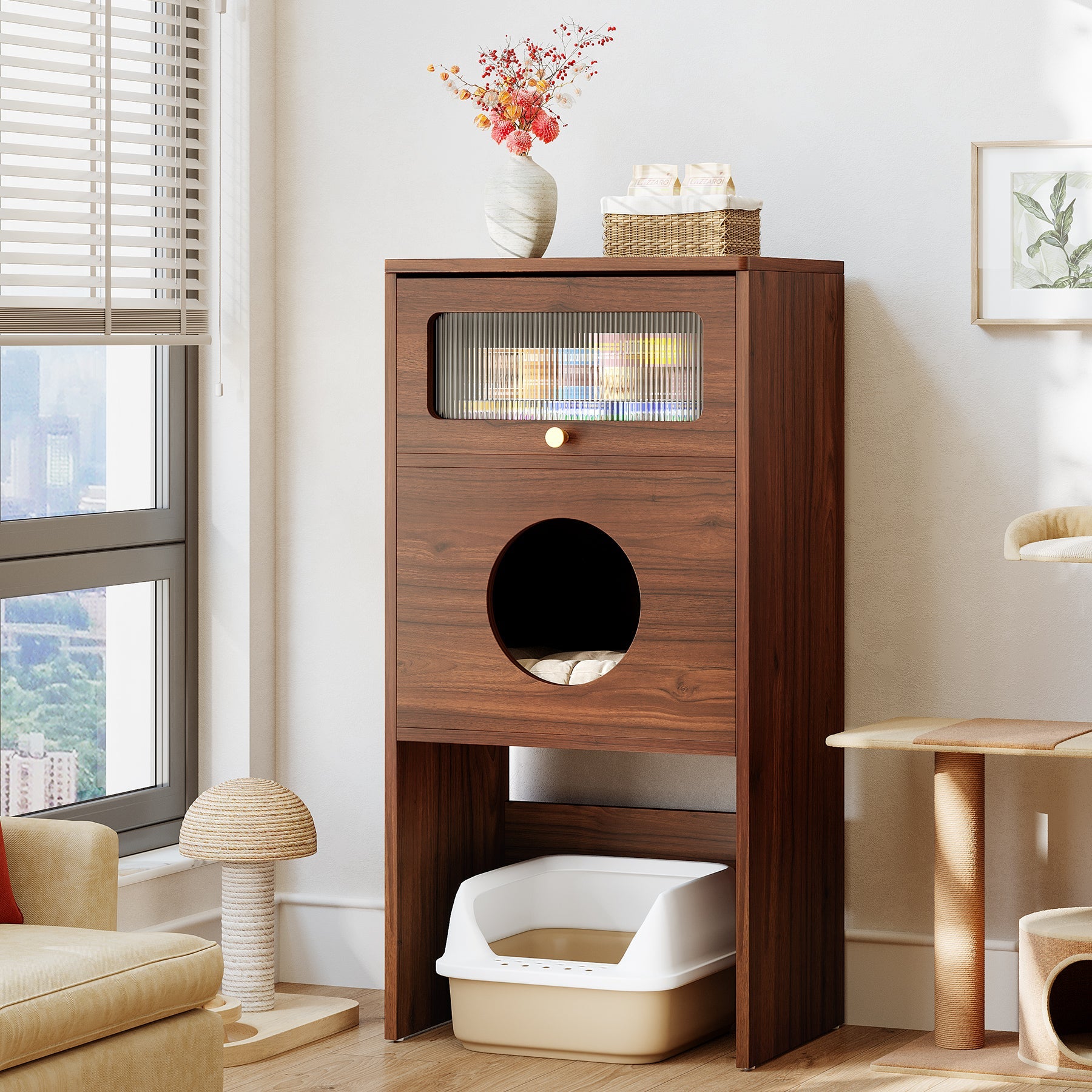 Tribesigns Mueble para gatos con espacio de almacenamiento, Armario para arenero y mesa auxiliar 2 en 1