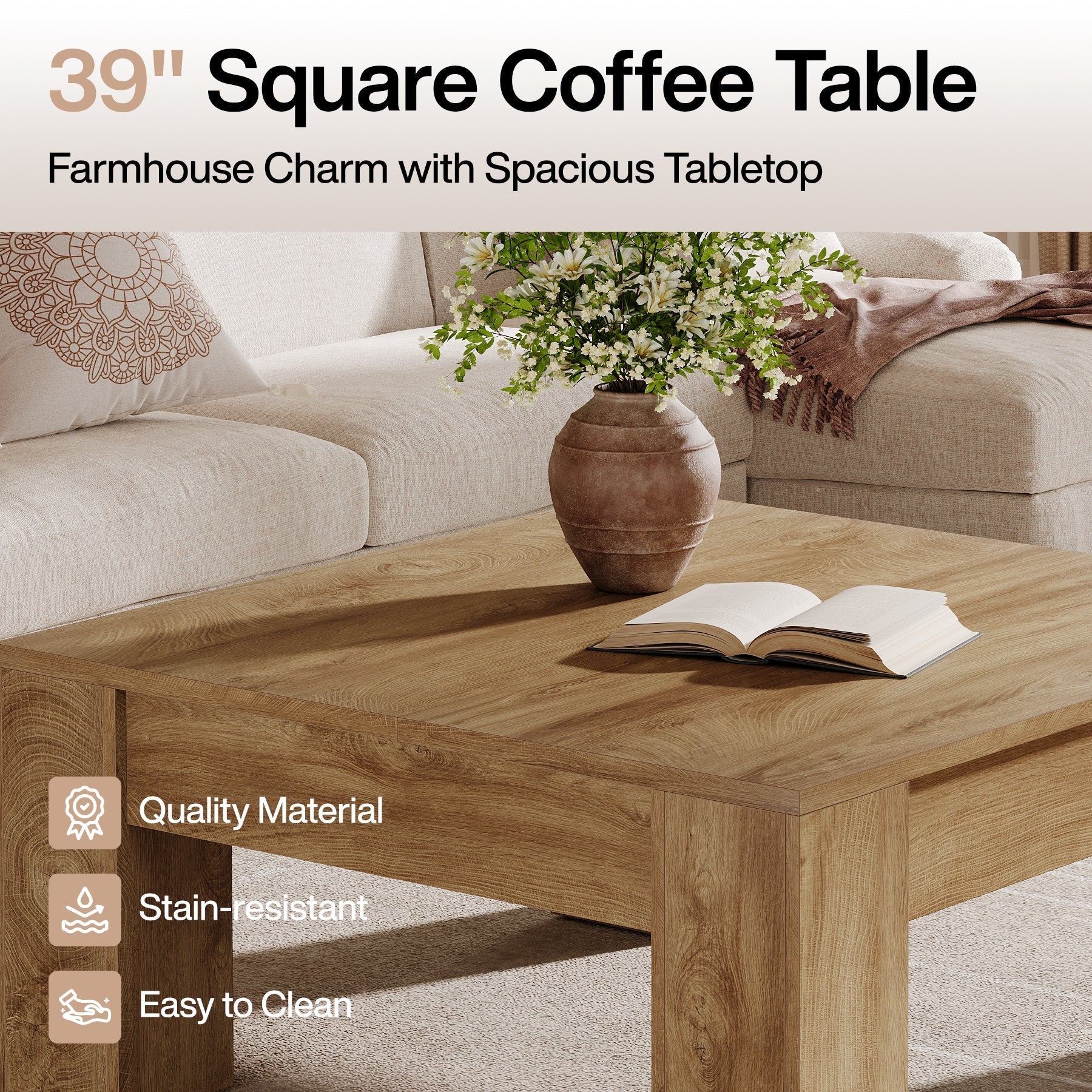 Tribesigns Mesa de centro cuadrada de 100 cm, Estilo rústico de madera con patas resistentes