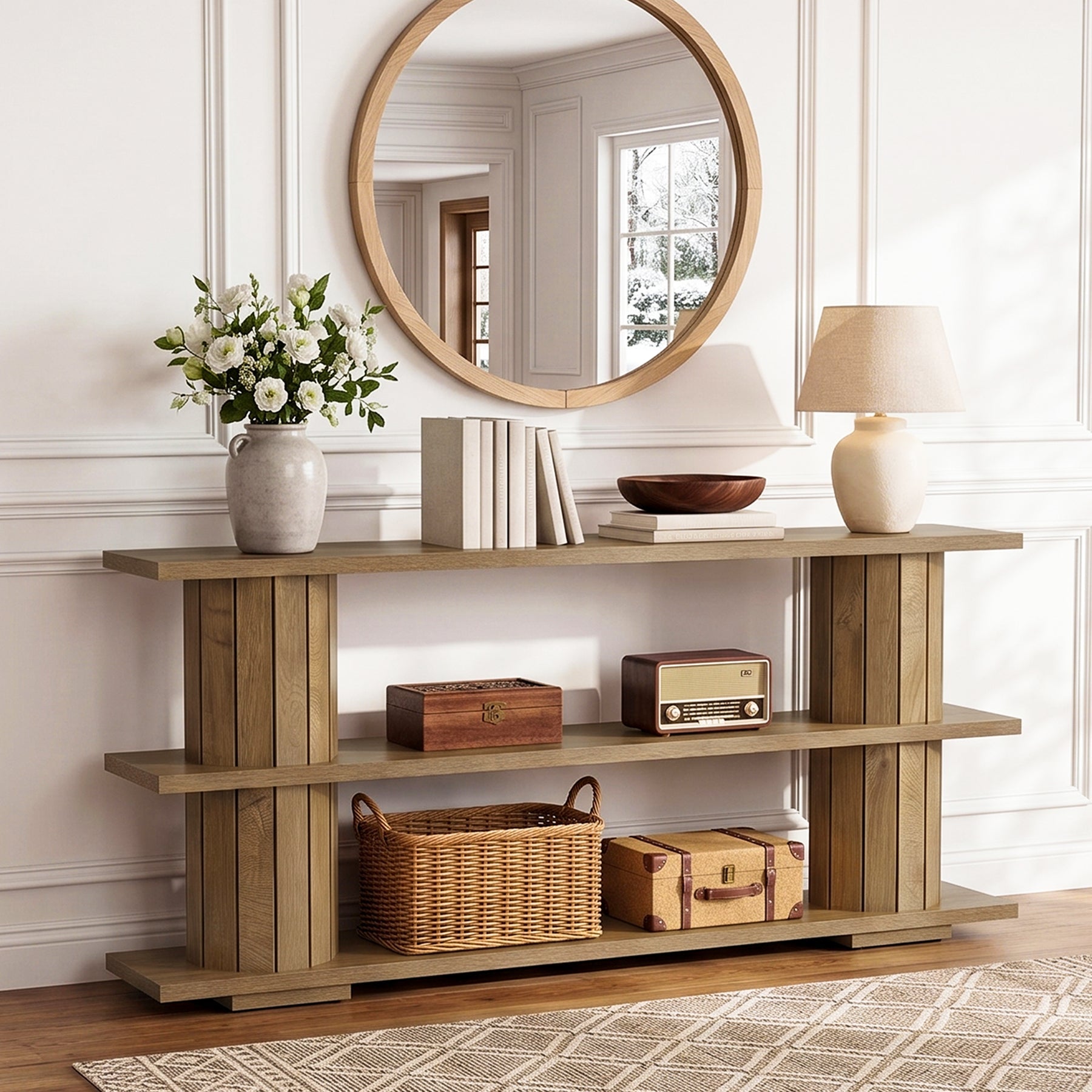 Tribesigns Mesa consola de 160 cm con estantes de almacenamiento de 3 niveles, Mesa larga para recibidor, ideal para sala de estar y entrada
