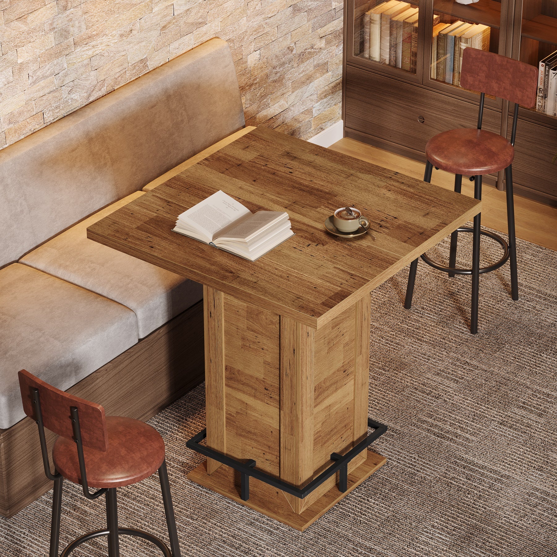 Tribesigns Mesa de bar industrial cuadrada de 100 cm, Mesa alta de bistró con reposapiés para barra de cocina en espacios reducidos