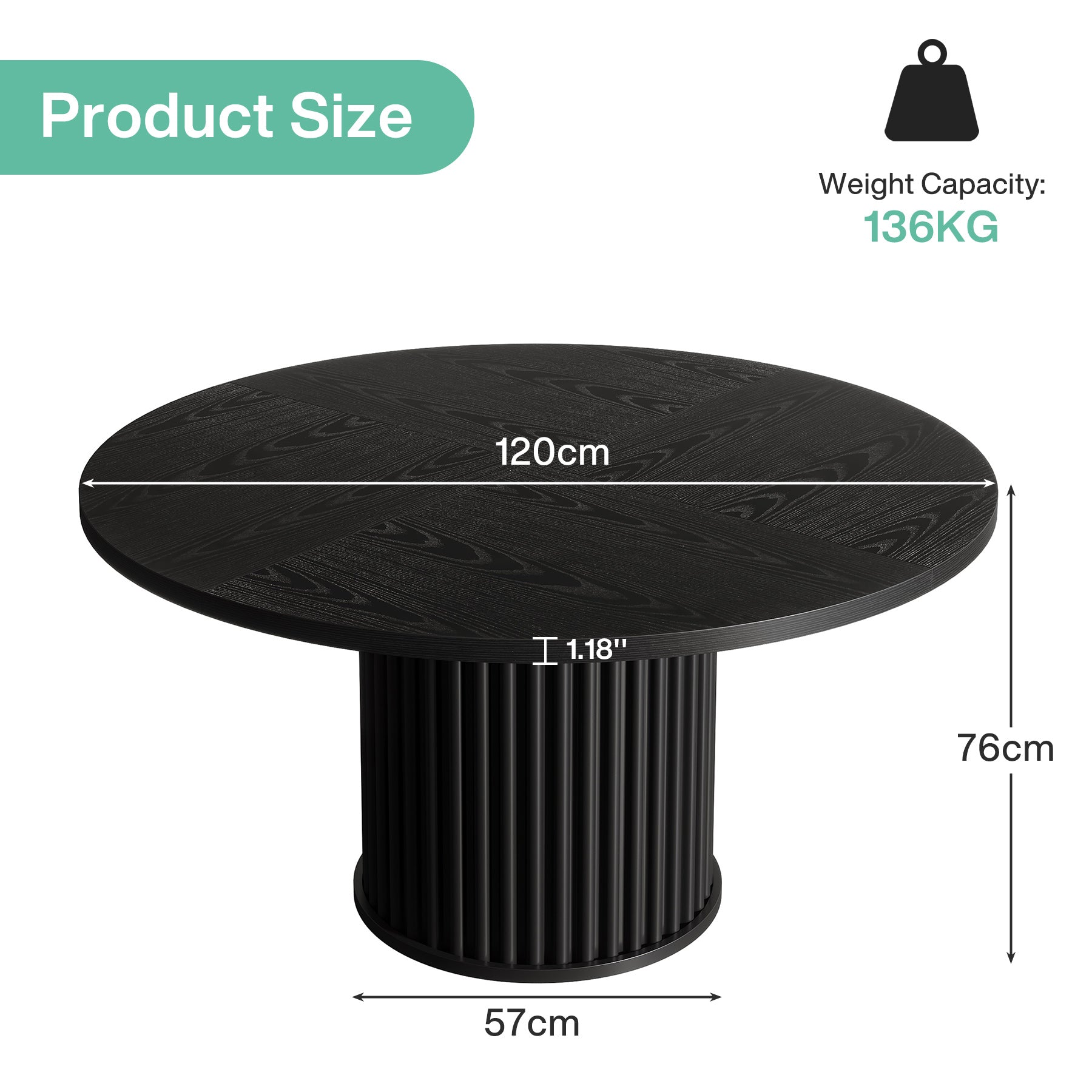 Tribesigns Mesa de comedor redonda negra de 120 cm para 4-6 personas, Mesa de cocina moderna con base de metal