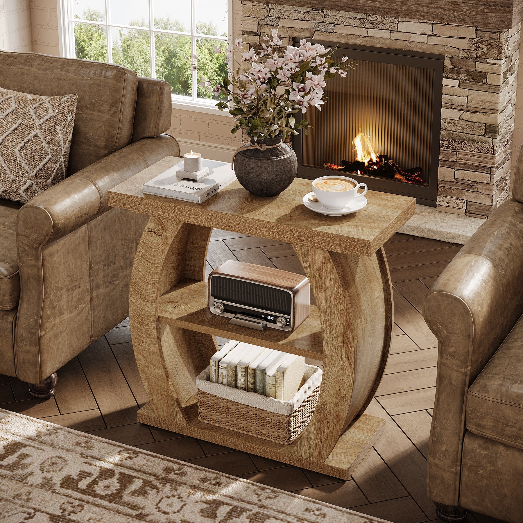 Tribesigns Mesita auxiliar estrecha de 65 cm con 3 niveles de almacenamiento, Mesita de noche rústica con estructura curva