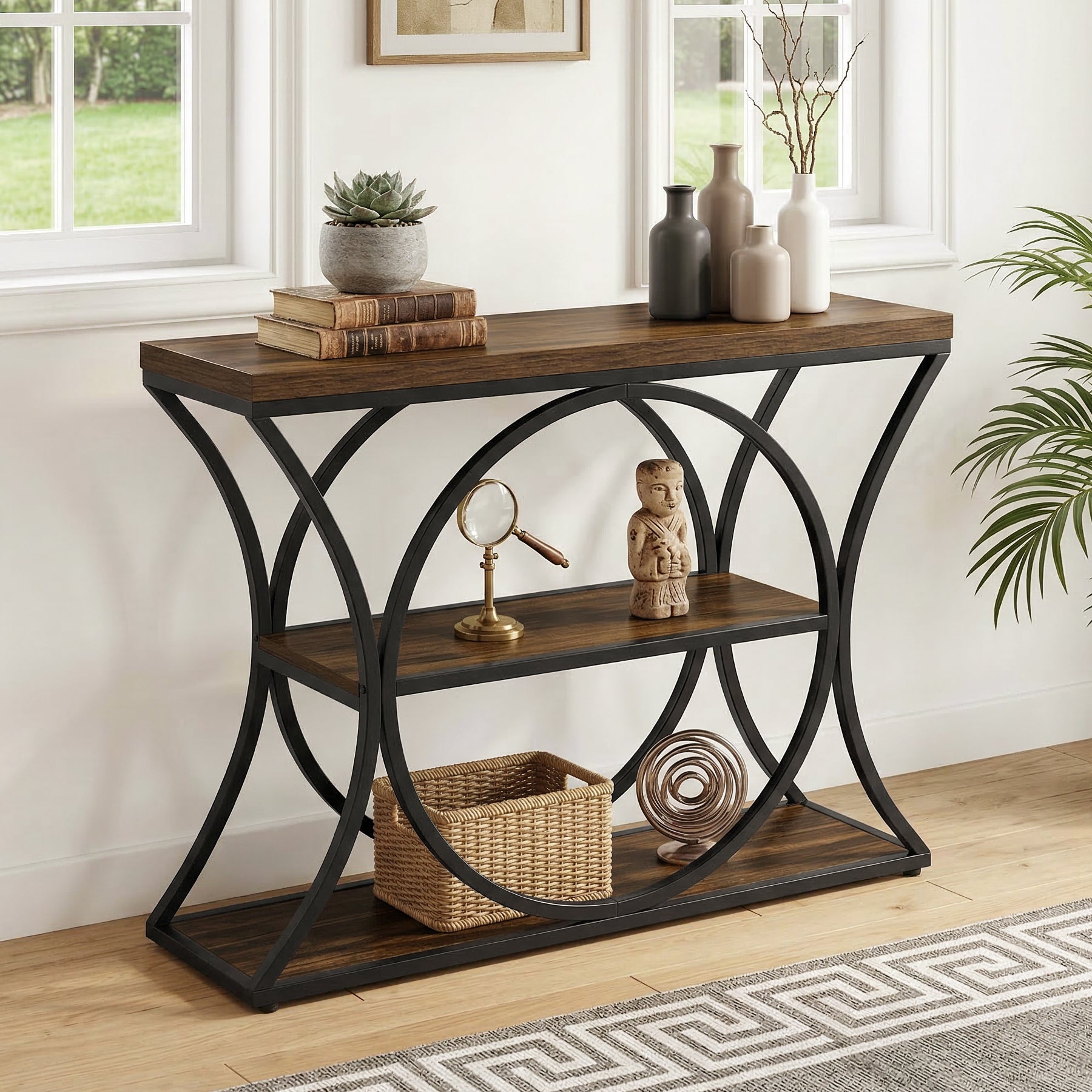 Tribesigns Mesa consola industrial de 105 cm, Mesa auxiliar de 3 niveles con estructura arqueada