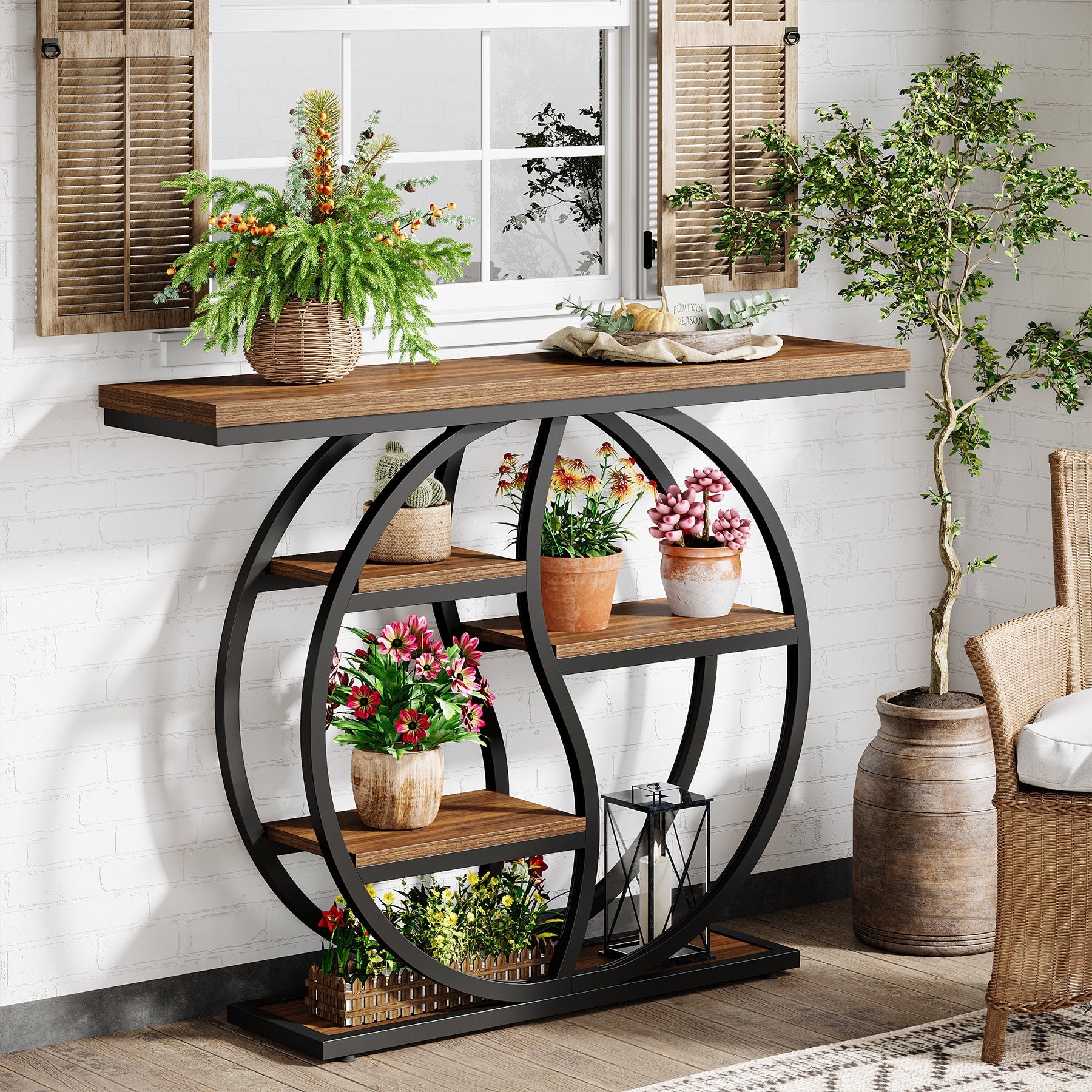 Tribesigns Consola estrecha de 5 niveles de 120 cm con acabado marrón rústico para entrada.