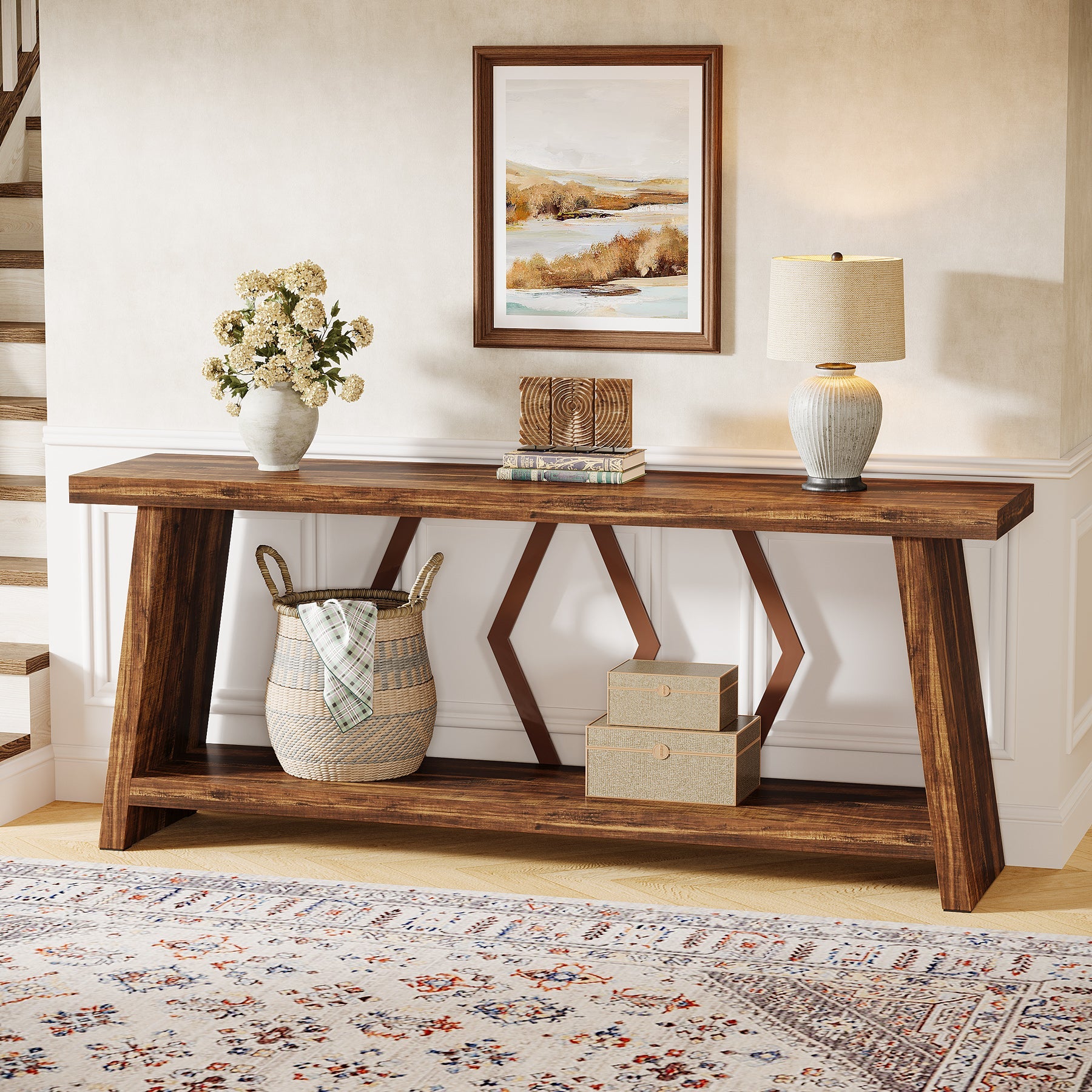 Tribesigns Mesa consola extralarga de 180 cm con 2 estantes, Mesa auxiliar estrecha para salón y recibidor