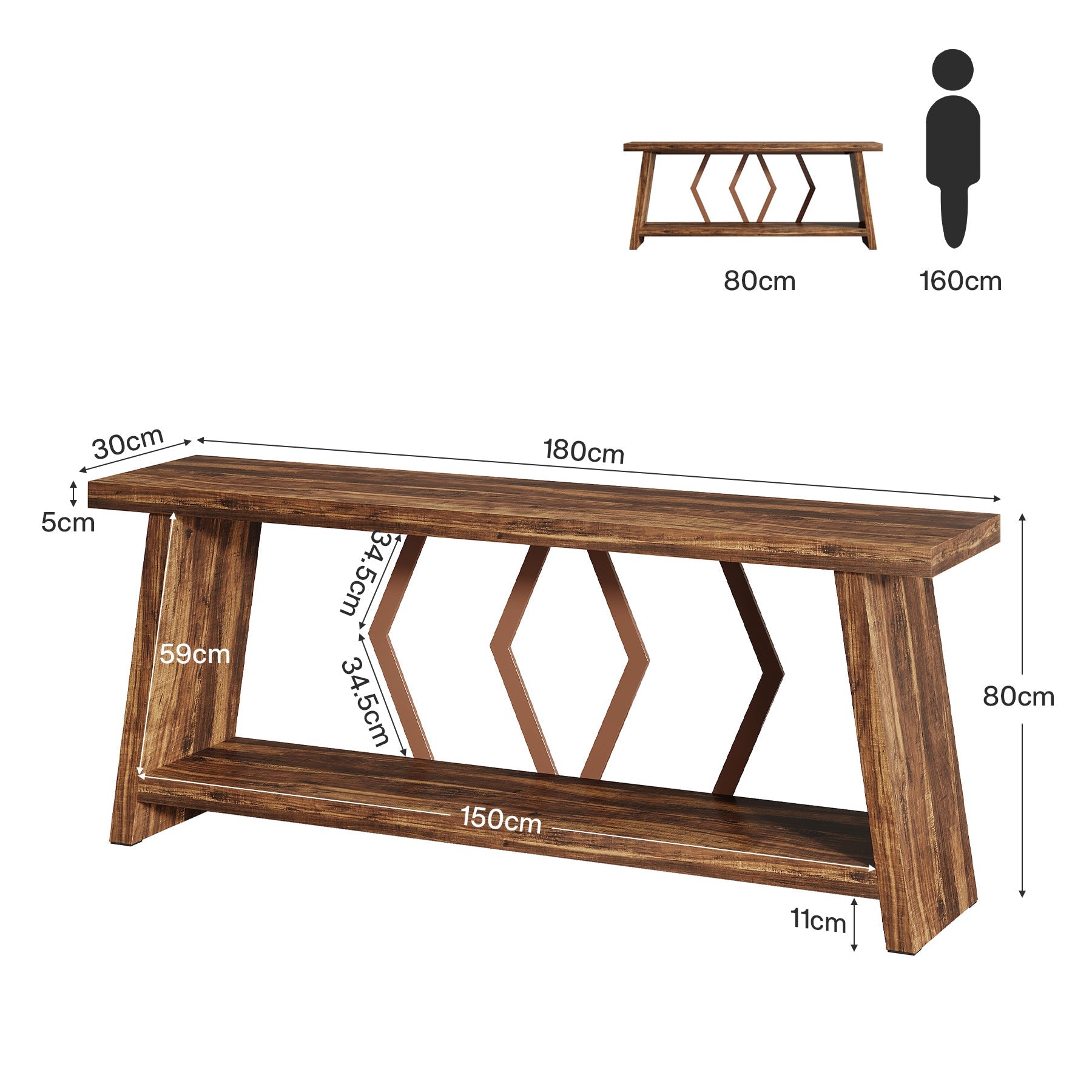 Tribesigns Mesa consola extralarga de 180 cm con 2 estantes, Mesa auxiliar estrecha para salón y recibidor