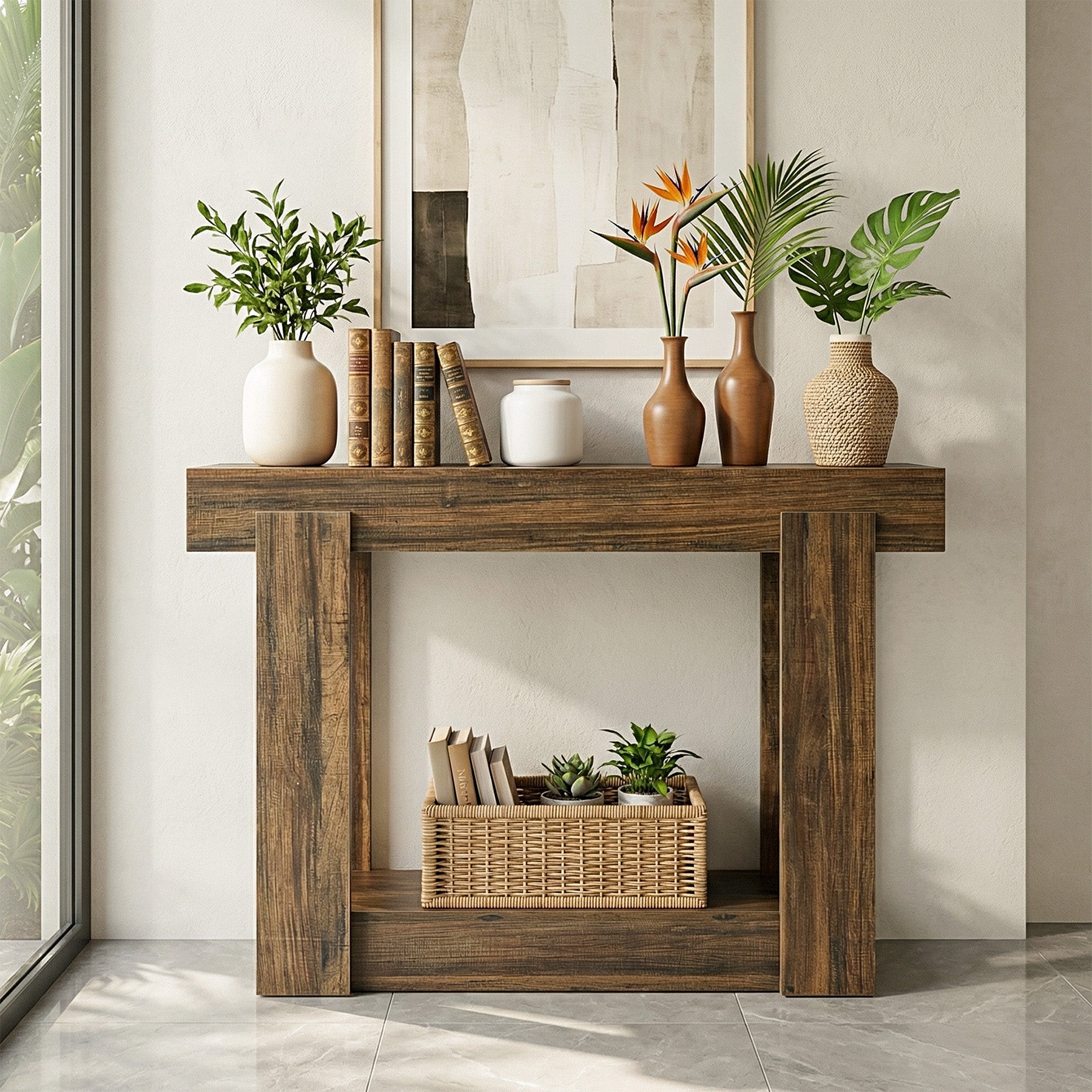Mesa consola de 105 cm con estante, Mesa estrecha de estilo rústico para recibidor y salón