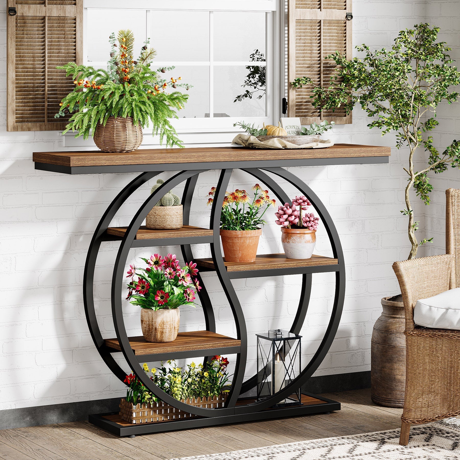 Tribesigns Consola estrecha de 5 niveles de 120 cm con acabado marrón rústico para entrada.