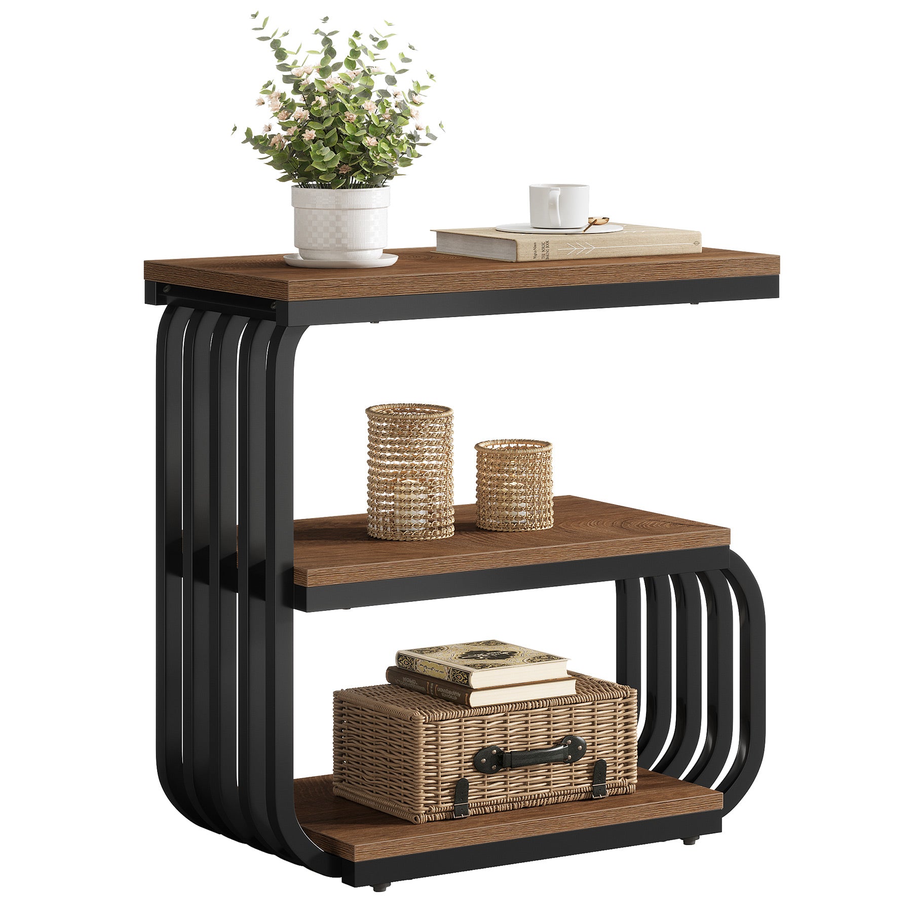 Tribesigns Mesa auxiliar industrial de 3 niveles, Mesita de noche estrecha con estructura de metal