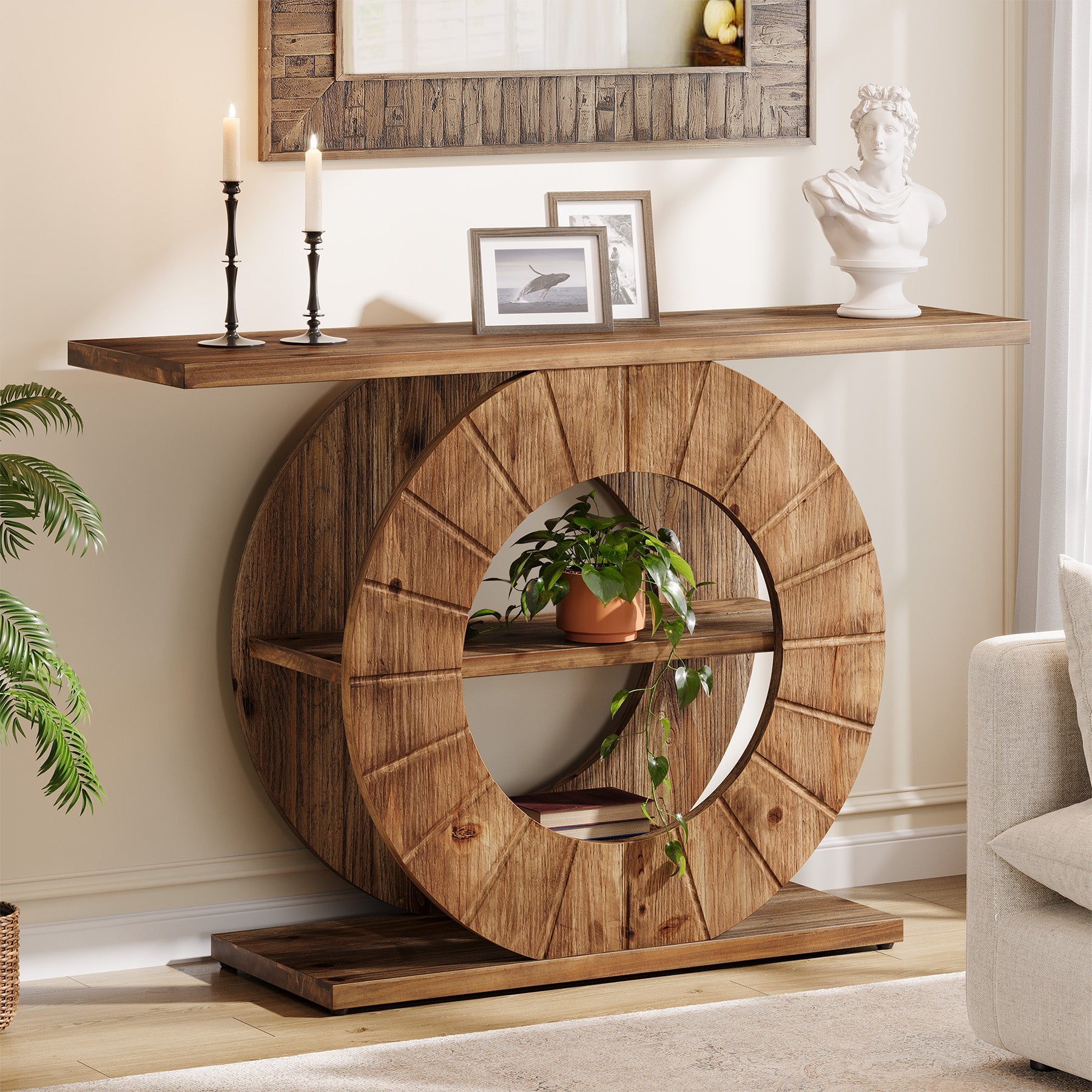 Tribesigns Consola de madera maciza de 105 cm con 3 estantes, Consola estrecha para pasillo de estilo rústico