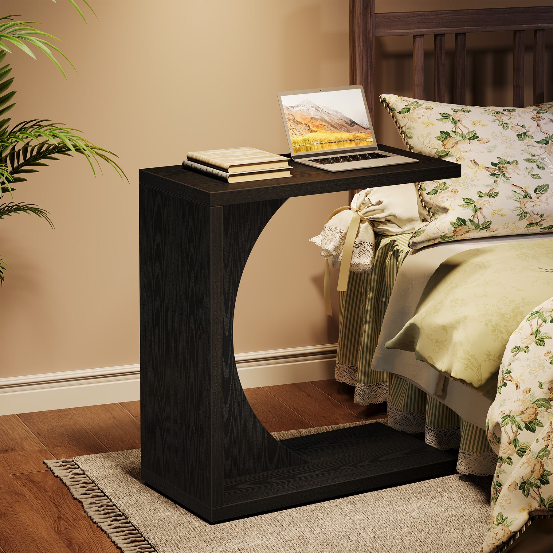 Tribesigns Mesa auxiliar en forma de C, Mesa de sofá rústica de 60×30×65 cm