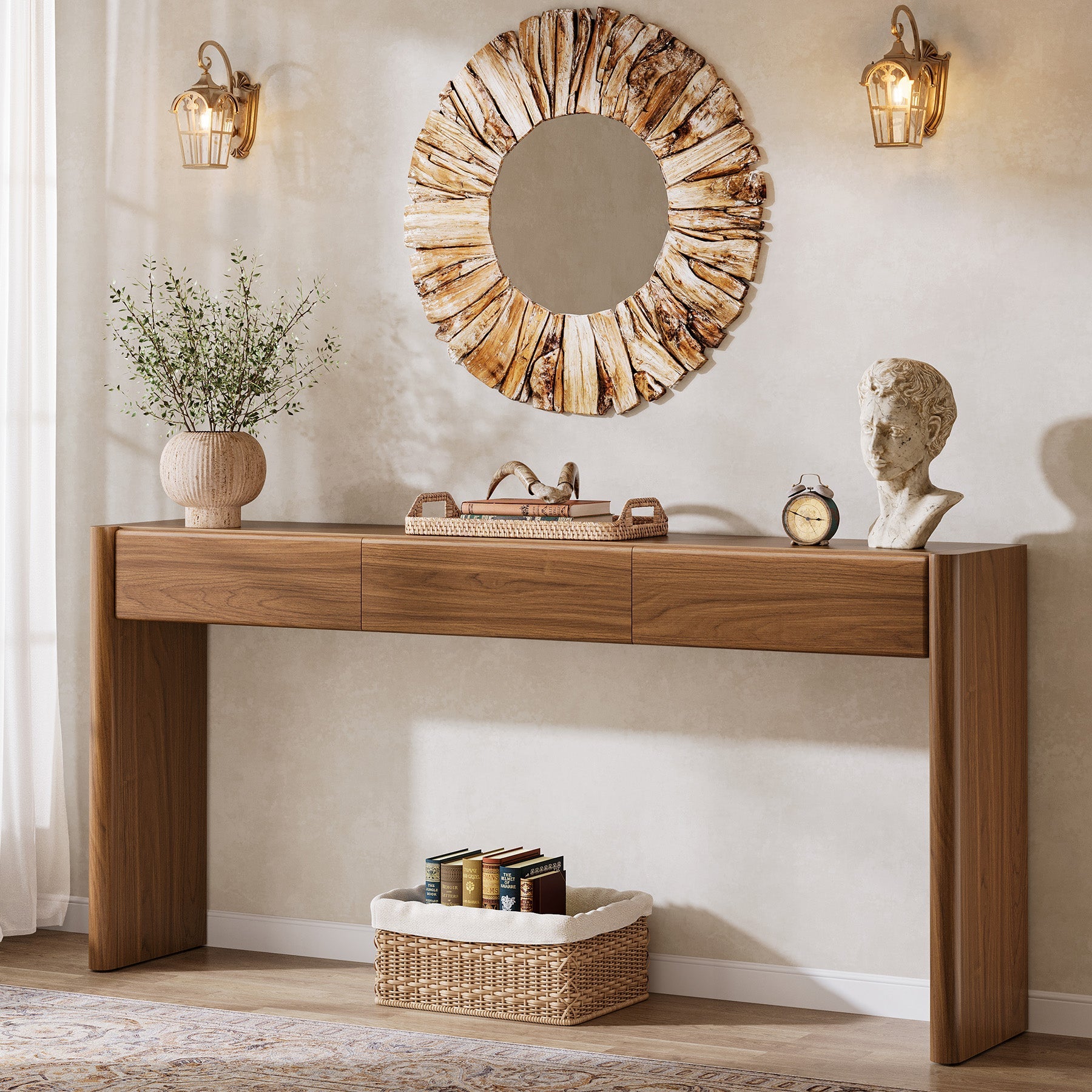 Tribesigns Consola de 180 cm con 3 cajones, Mesa estrecha para recibidor en marrón vintage Mesa auxiliar de madera con estante