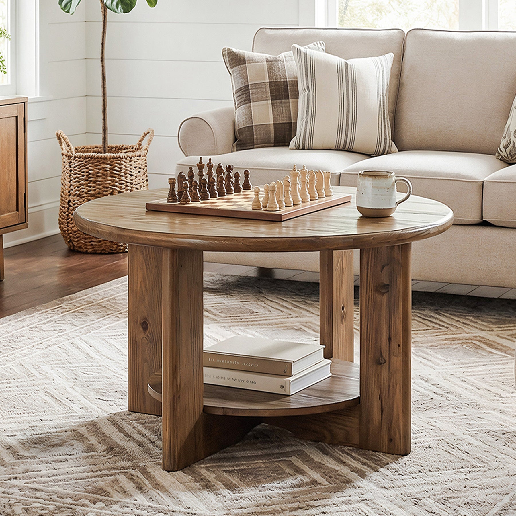 Tribesigns Mesa de centro redonda de madera maciza, Mesa de salón de dos niveles con almacenamiento