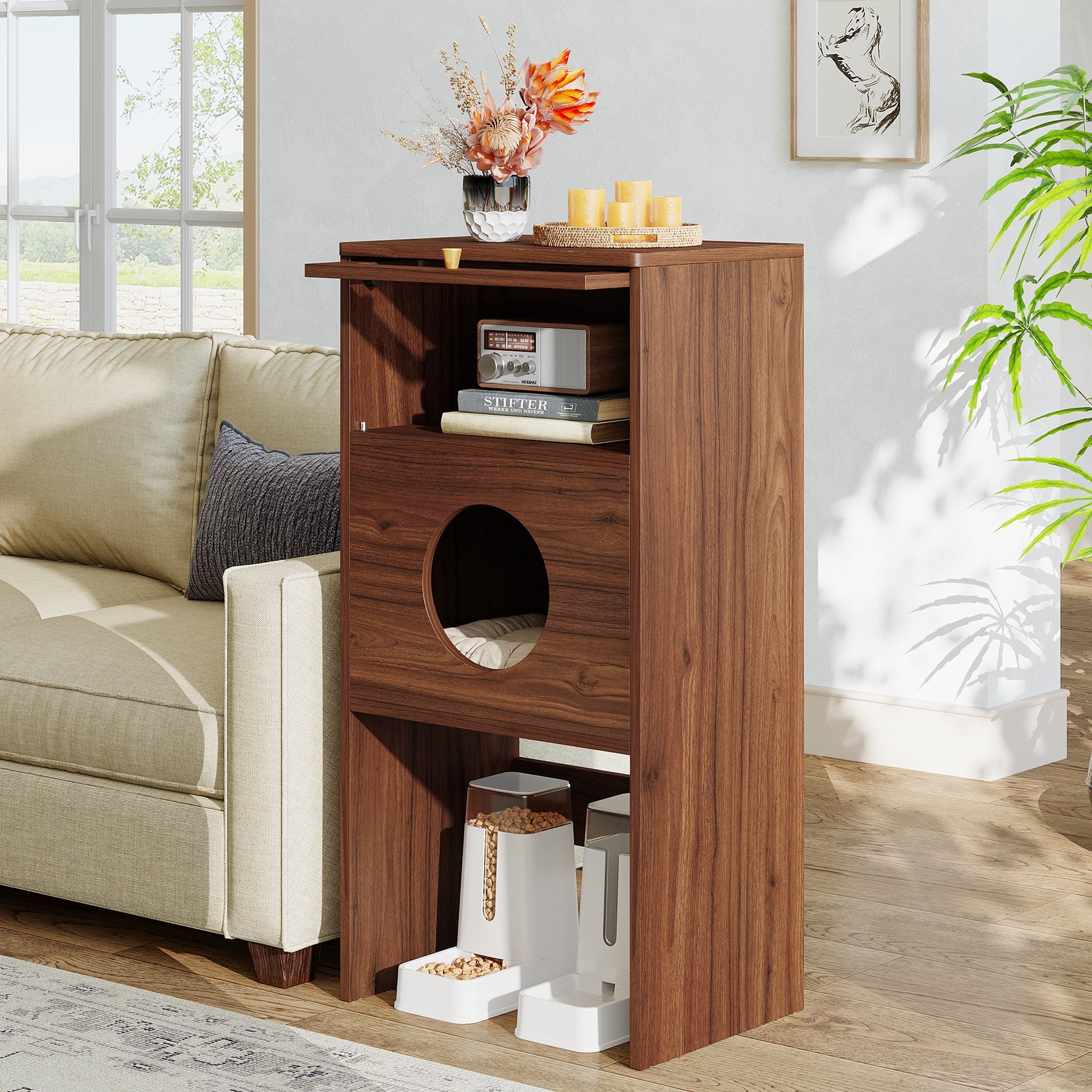 Tribesigns Mueble para gatos con espacio de almacenamiento, Armario para arenero y mesa auxiliar 2 en 1