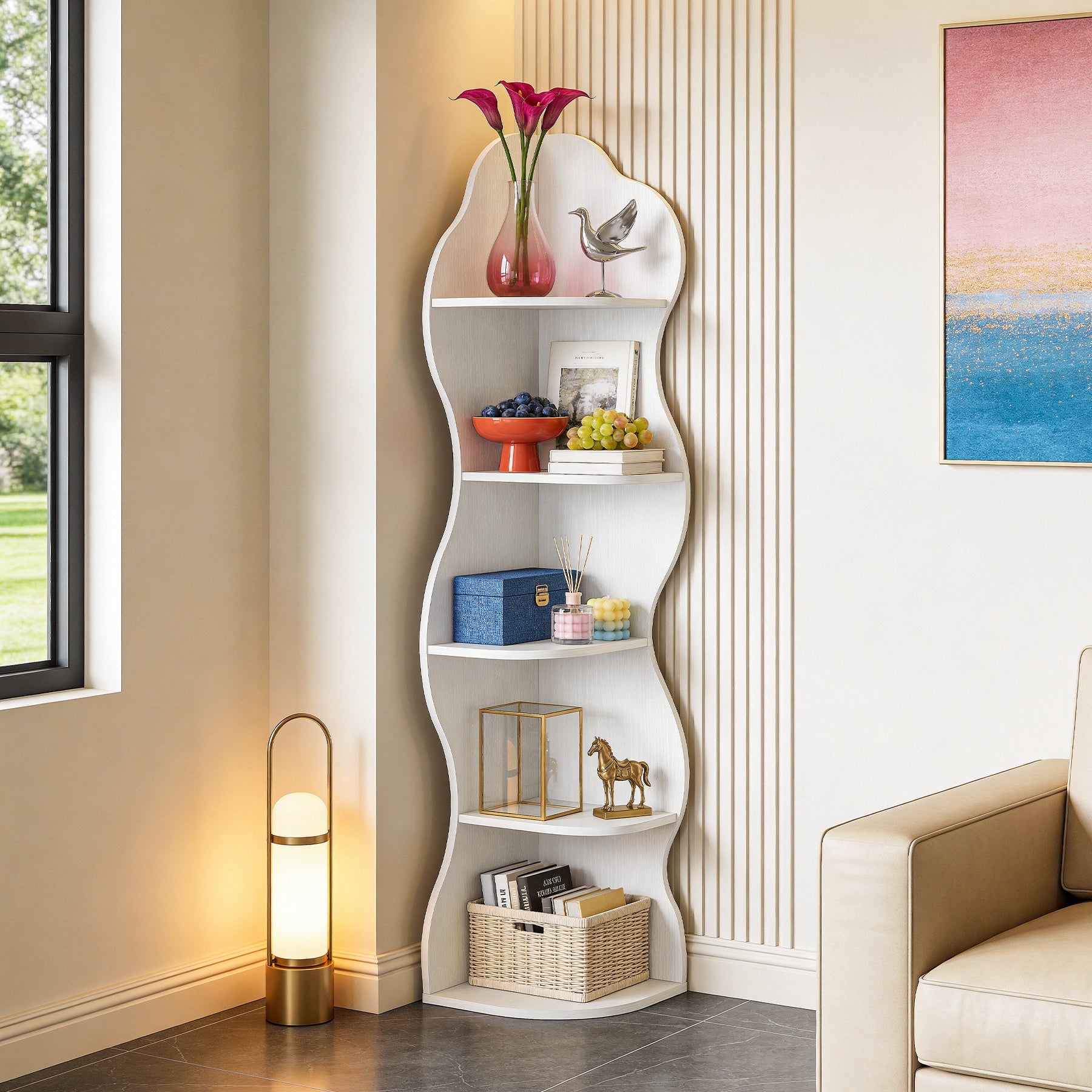 Tribesigns Estantería esquinera con 5 baldas, Librería esquinera moderna diseño curvo