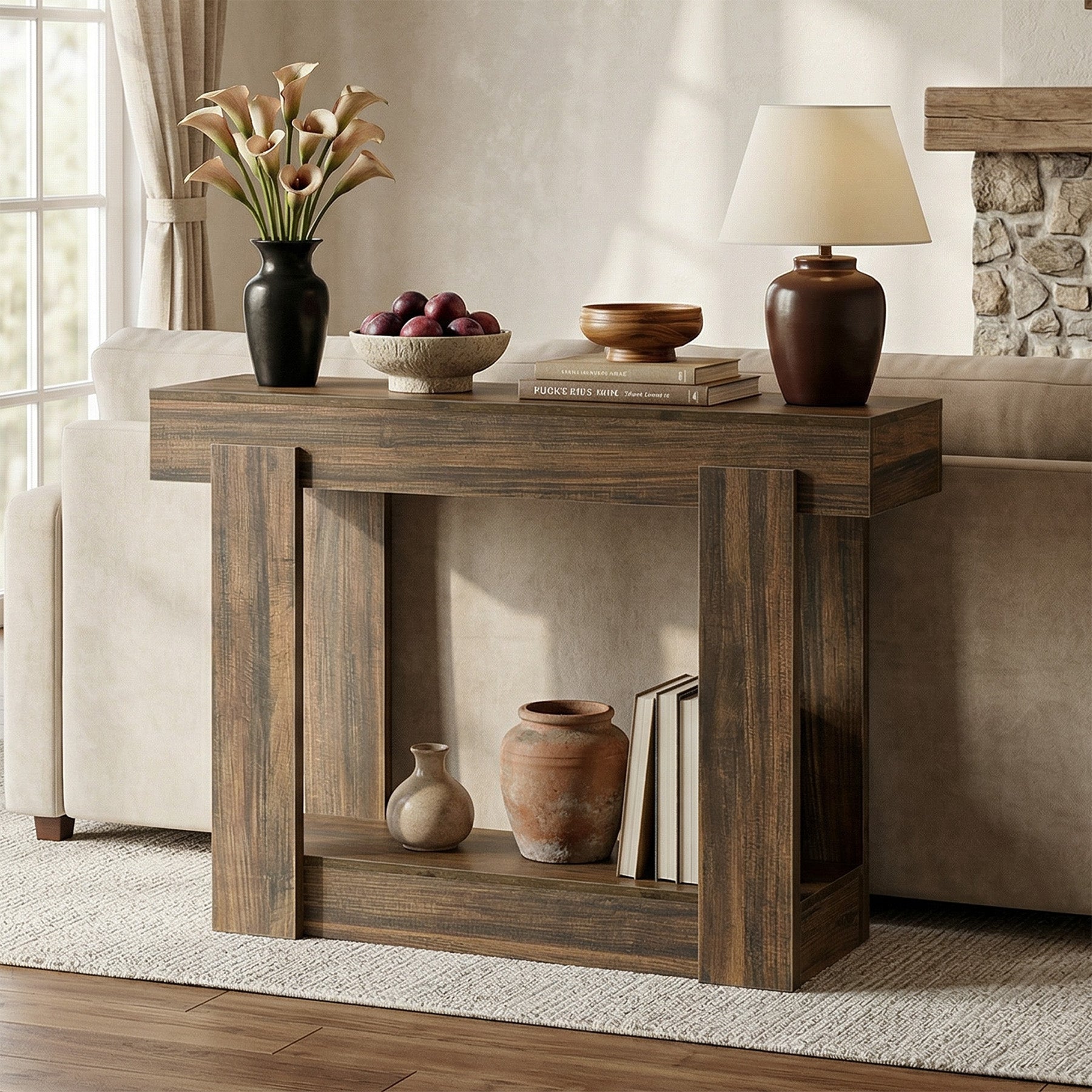 Mesa consola de 105 cm con estante, Mesa estrecha de estilo rústico para recibidor y salón